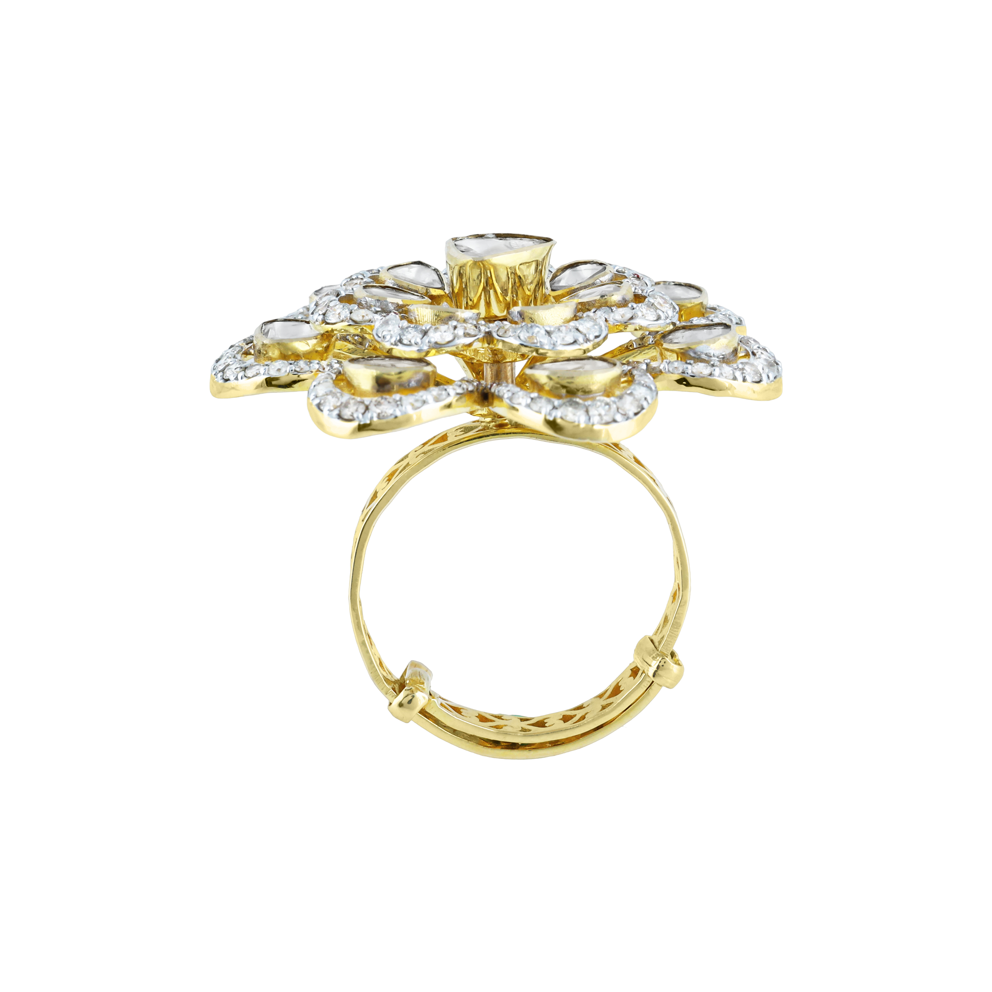 Full White Floral Polki Ring with Diamond Halo