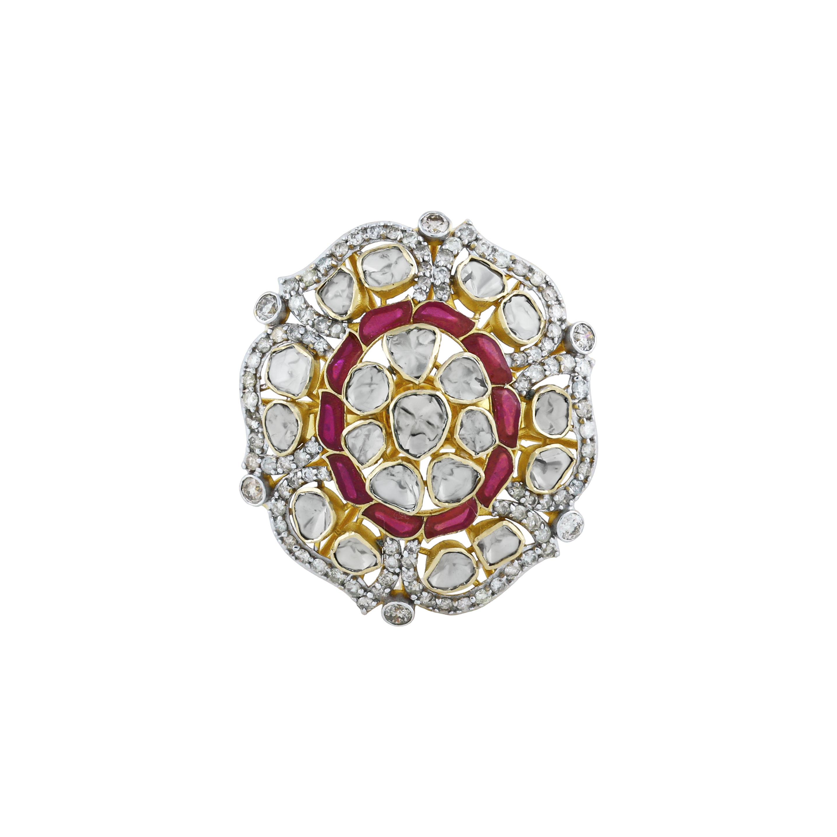 Floral Polki Ring with Red Talaf and Diamond Halo
