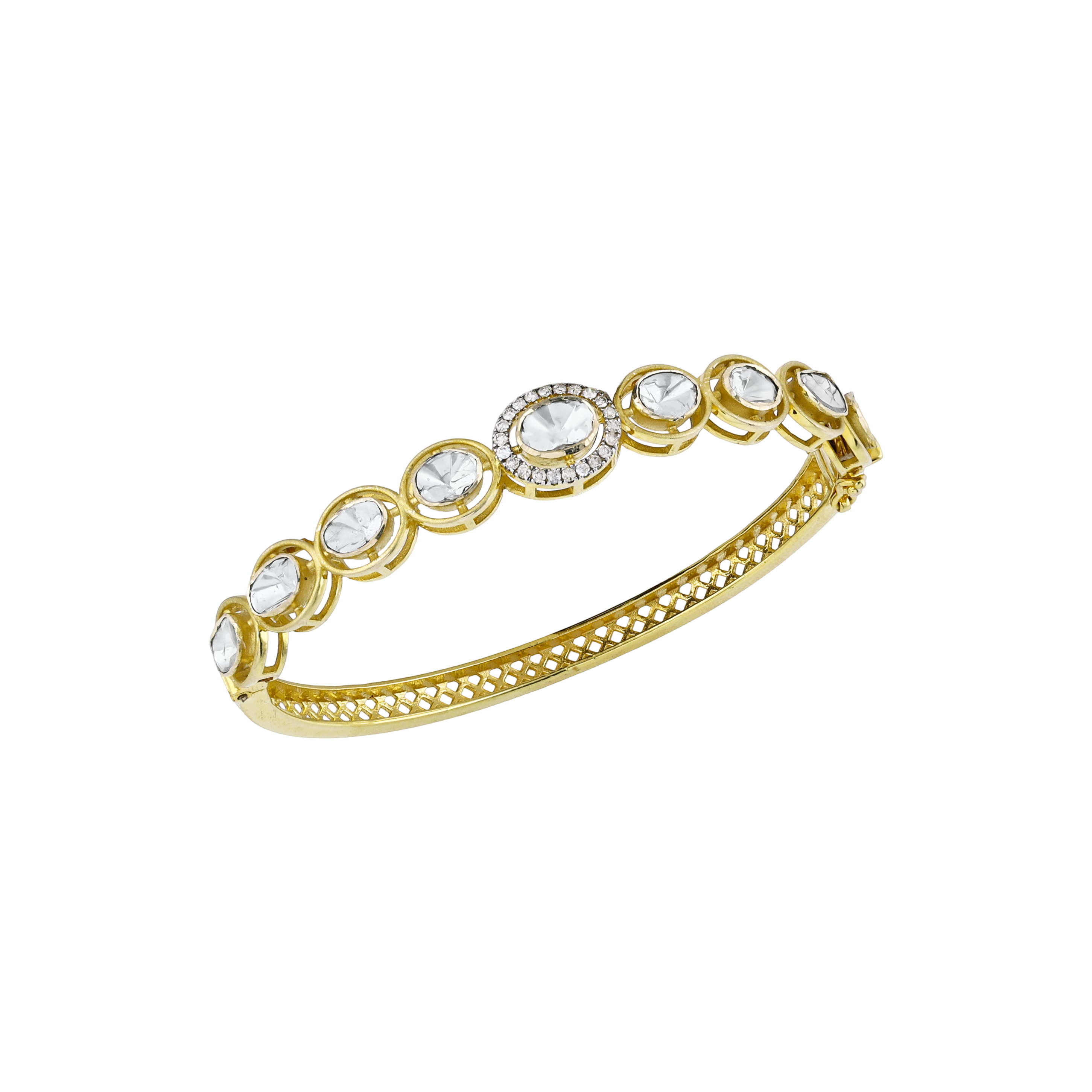 Half Bangle with Polki and Full-Cut Diamonds in Gold Bezel