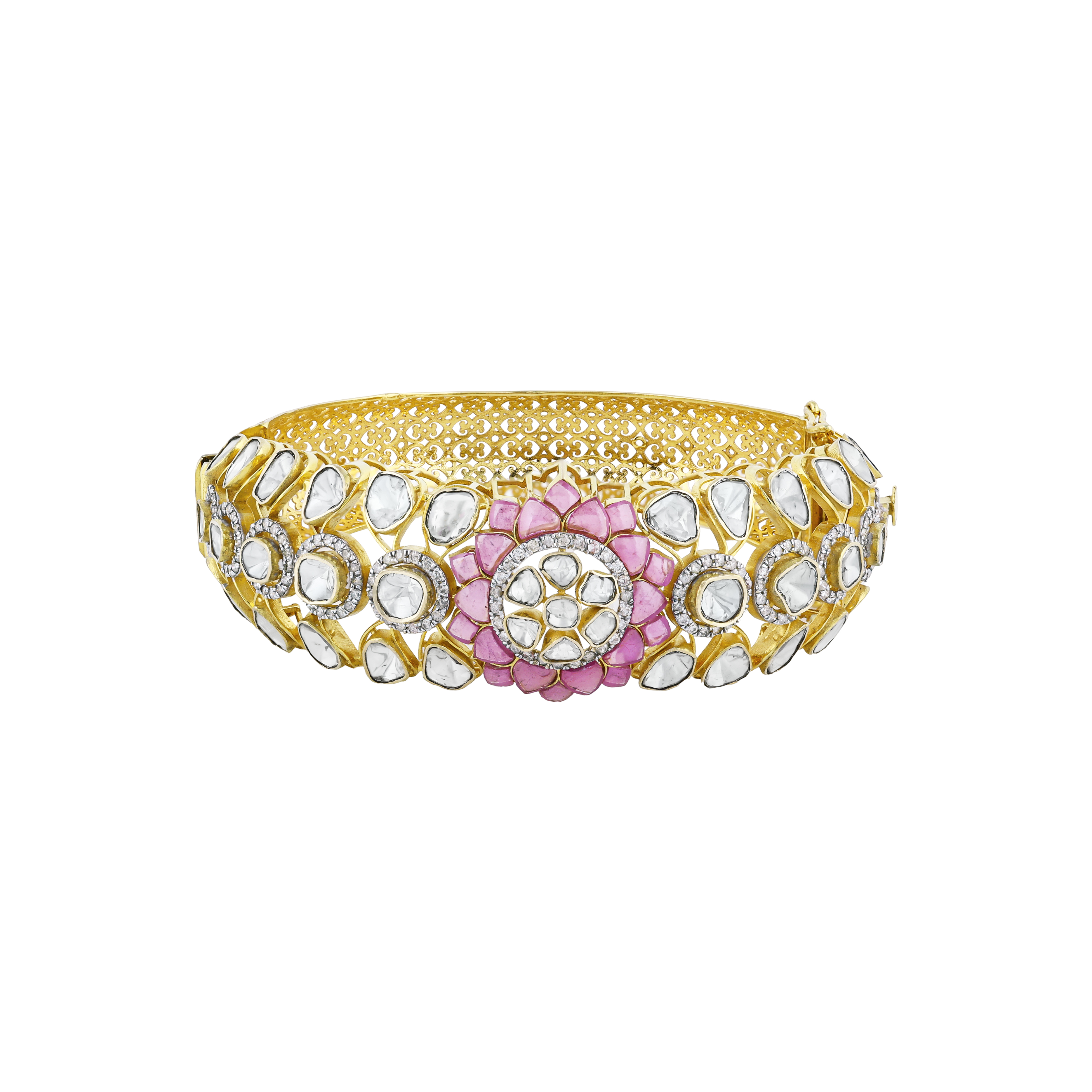 Bangle with Polki and Pink Talaf Floral Motif