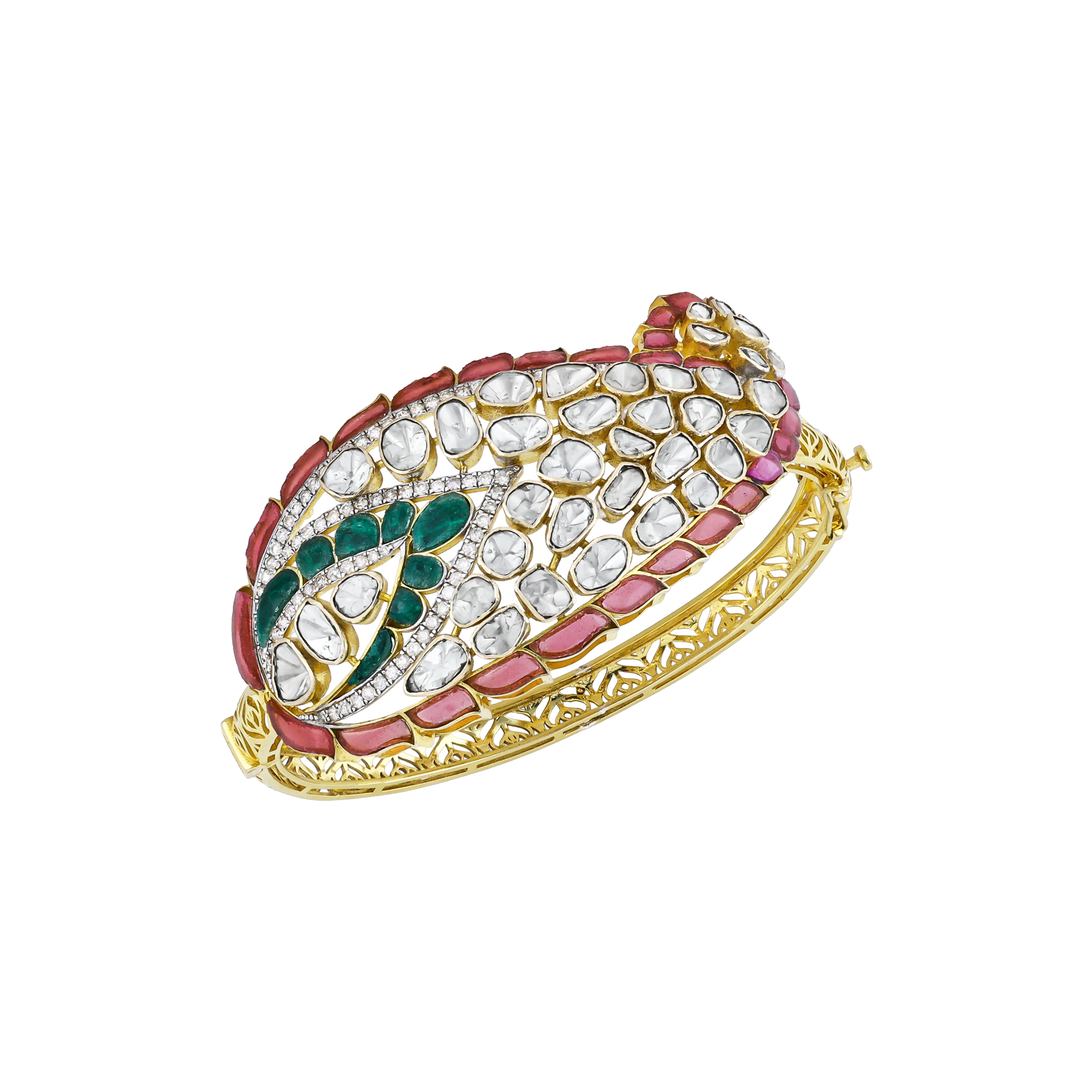 Bud-Inspired Polki Bangle with Green and Red Talafs