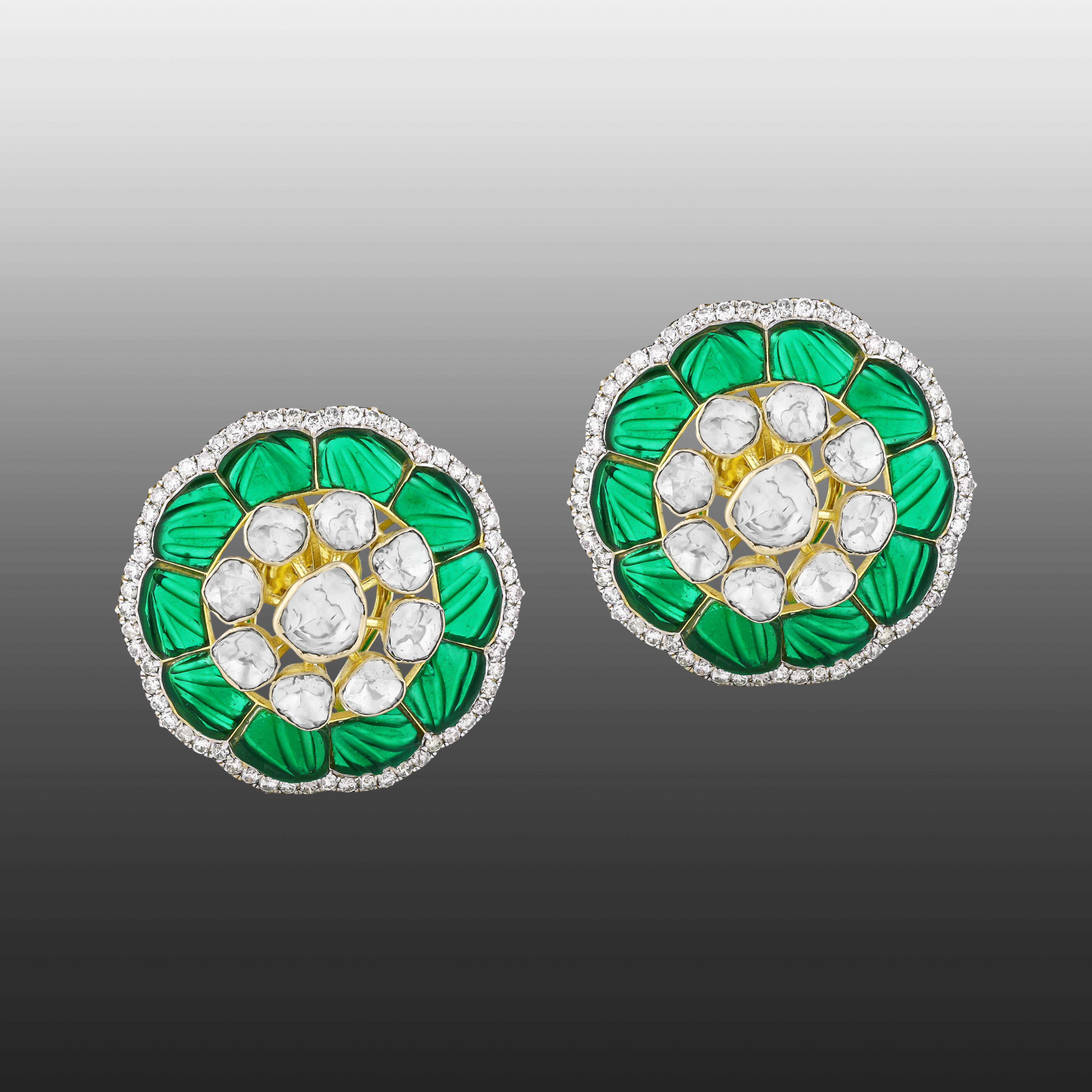 Floral Polki Earrings with Green Talaf Petals and Diamond Halo