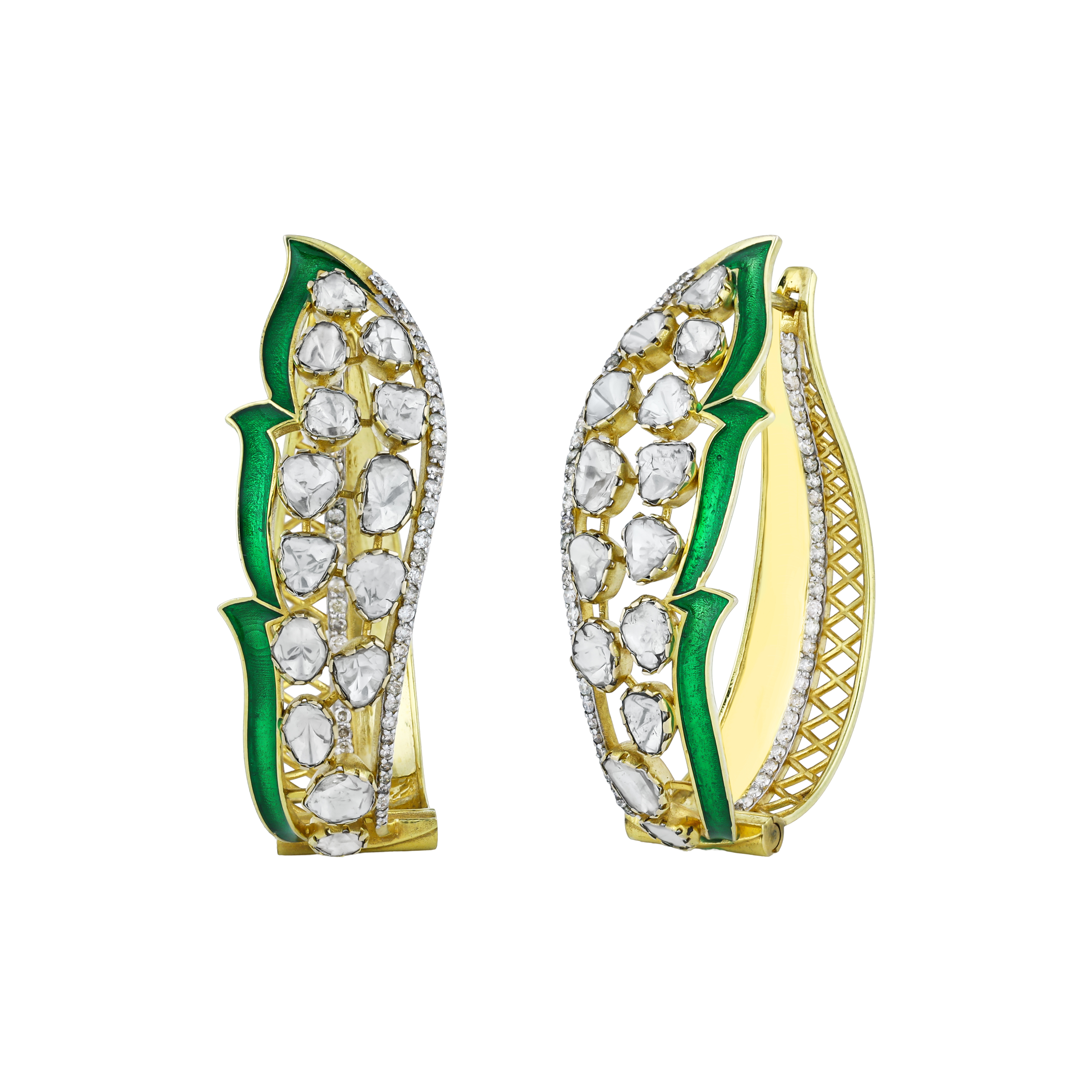 Leaf-Inspired Polki Earrings with Green Enamel