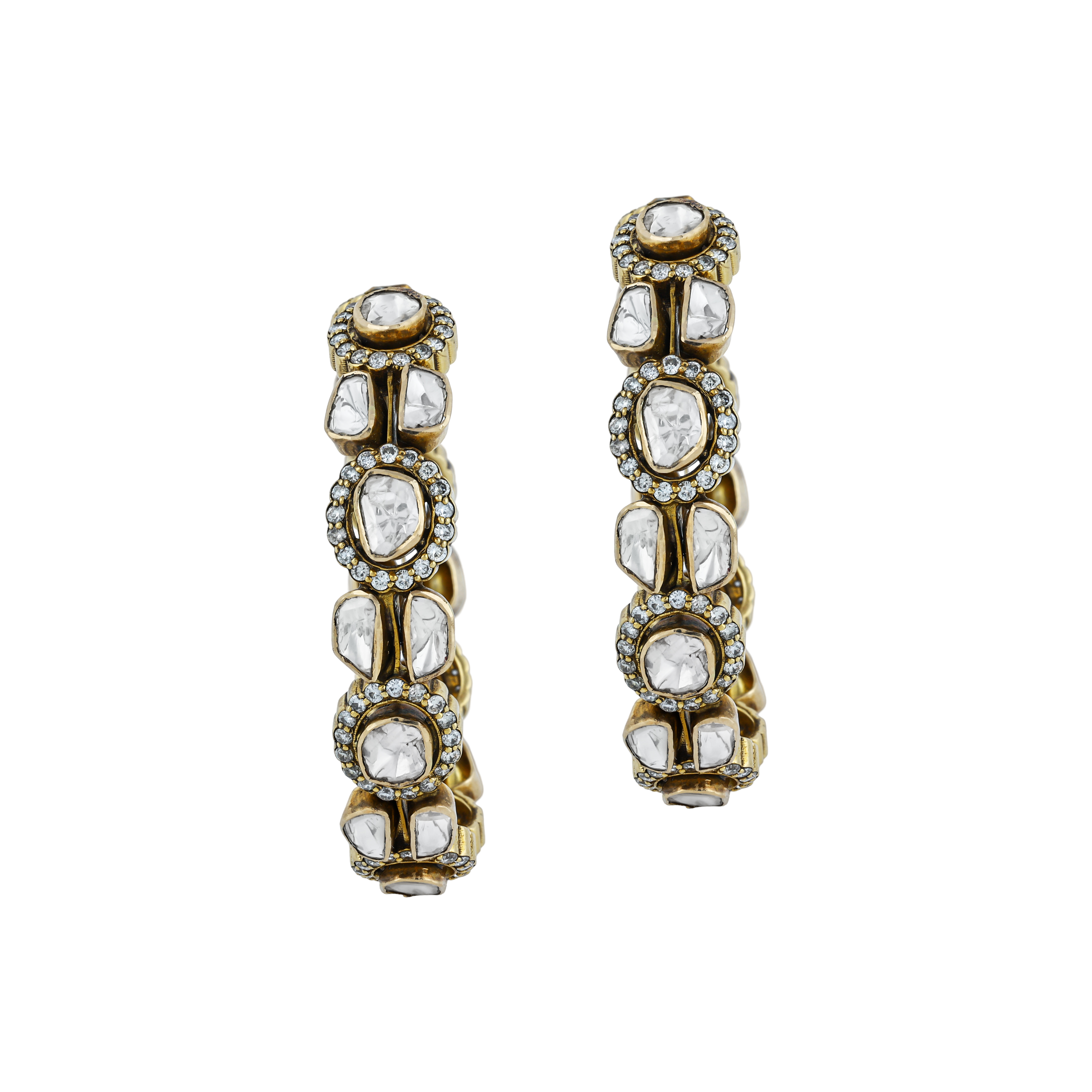 Antique Finish Polki Hoop Earrings with Oval Motifs and Diamonds