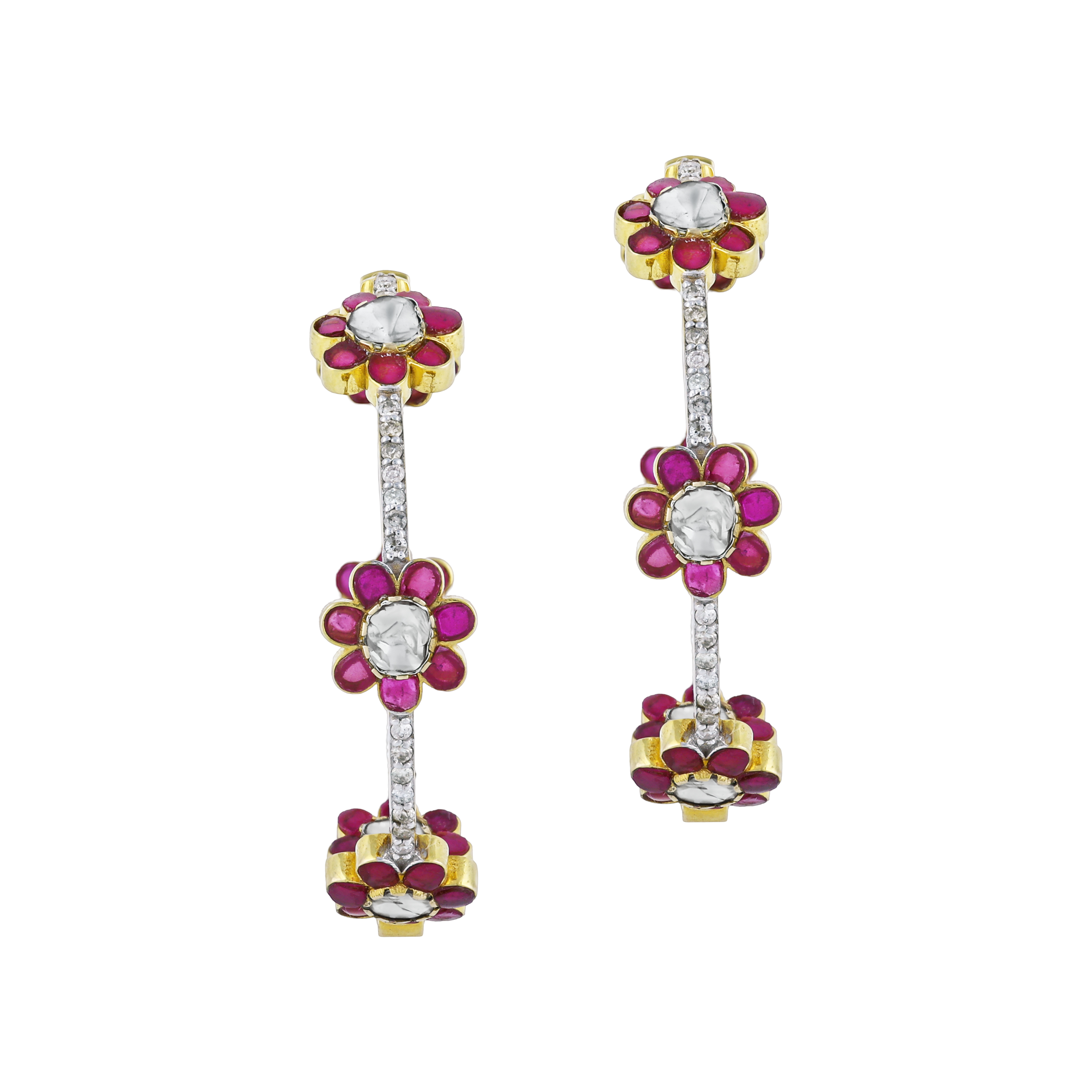 Red Talaf Floral Hoop Earrings with Polki and Diamonds