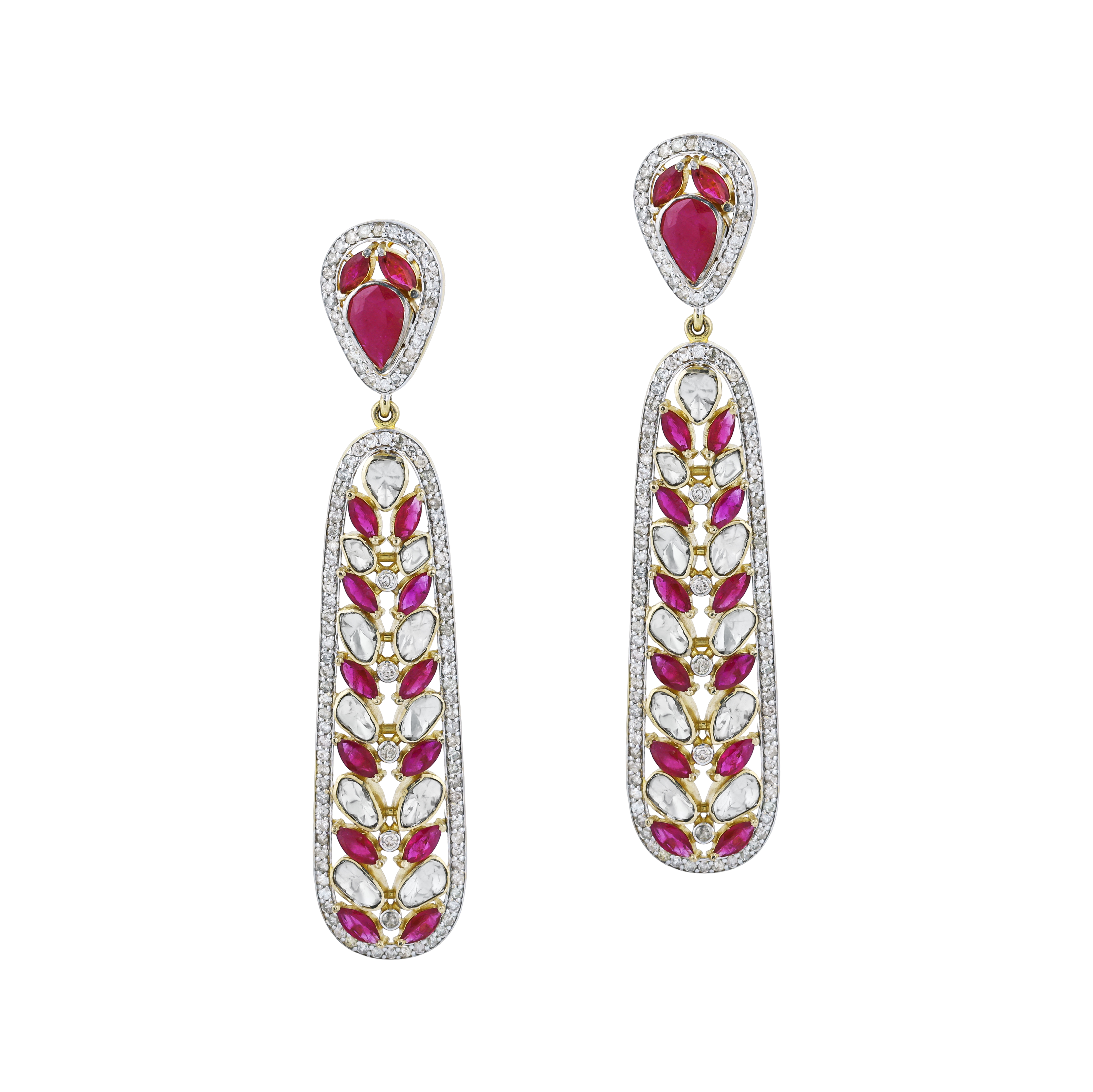 Leaf Pattern Polki Earrings with Red Cut Stone and Diamond Border