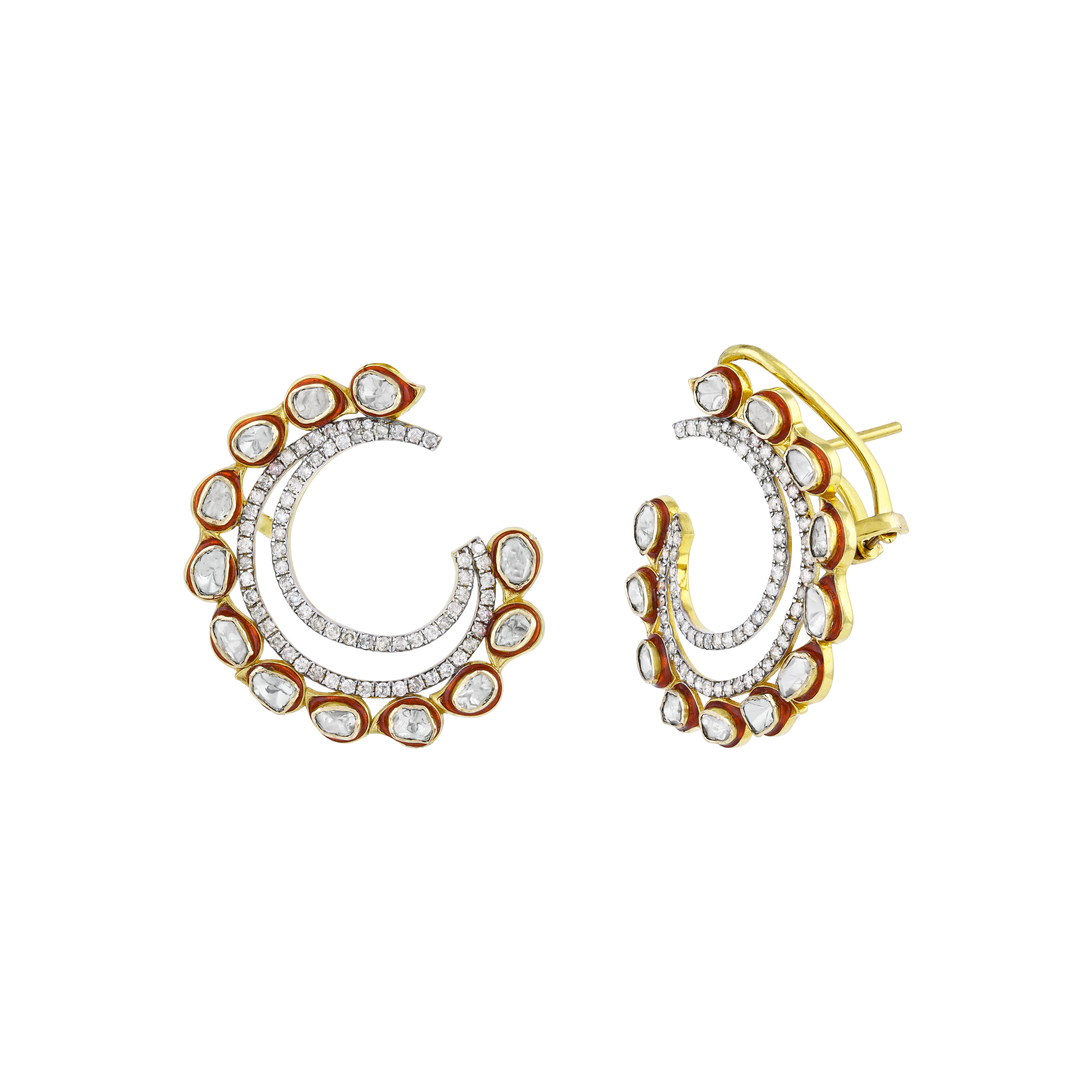 Polki Circular Earrings with Double Arcs and Sparkling Diamonds
