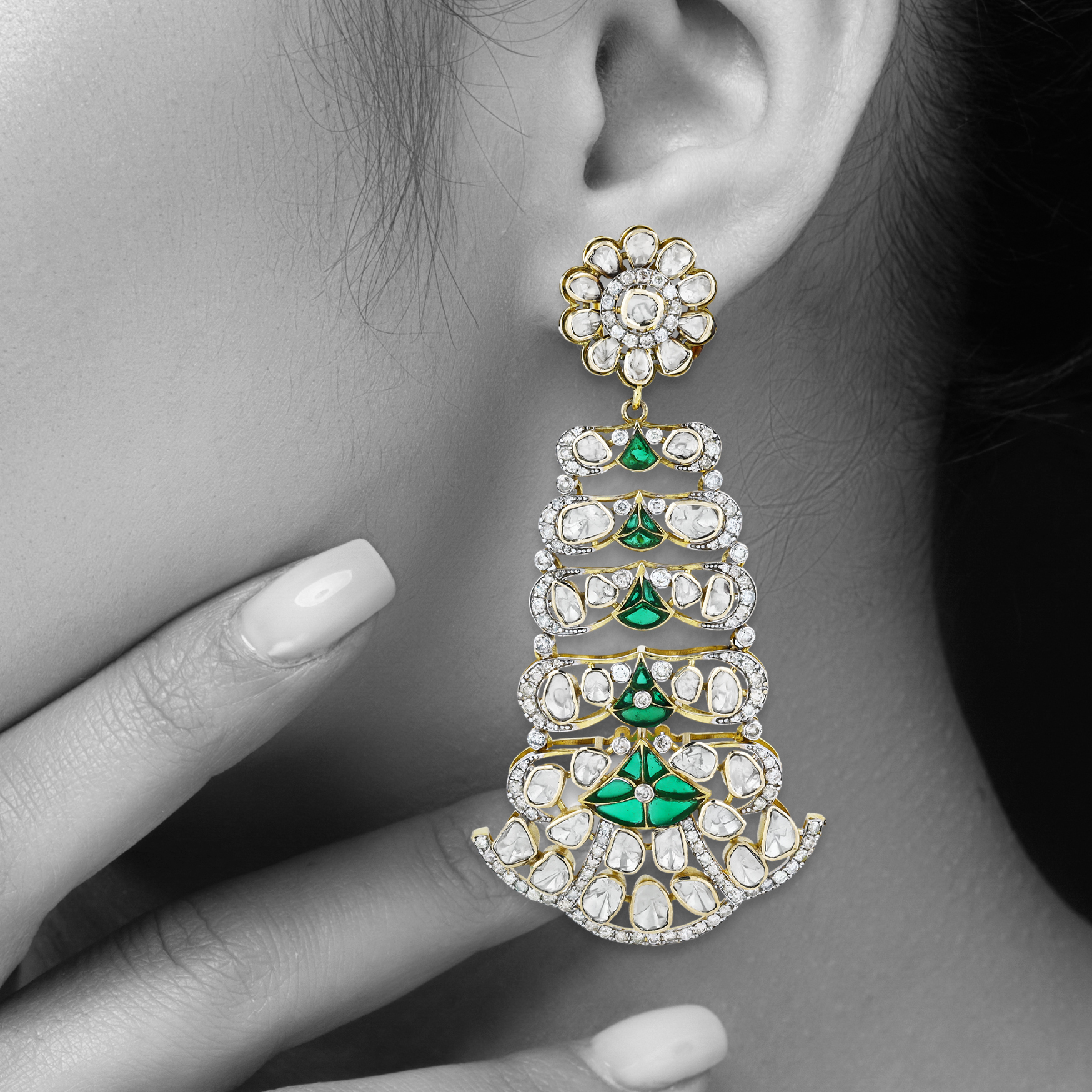 Chandelier Earrings with Polki, Green Talaf, and Floral Top