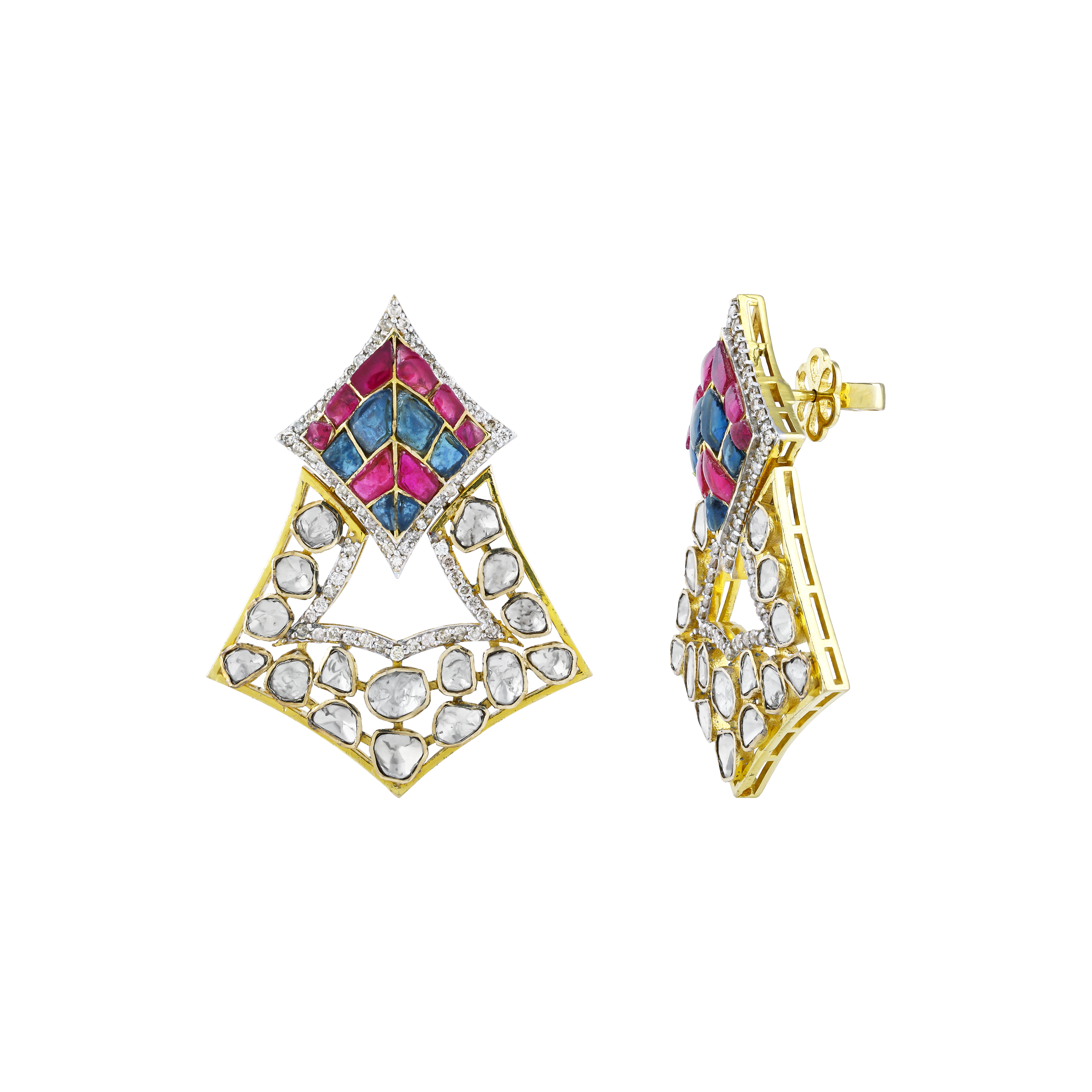 Geometric Polki Earrings with Pink and Blue Talafs