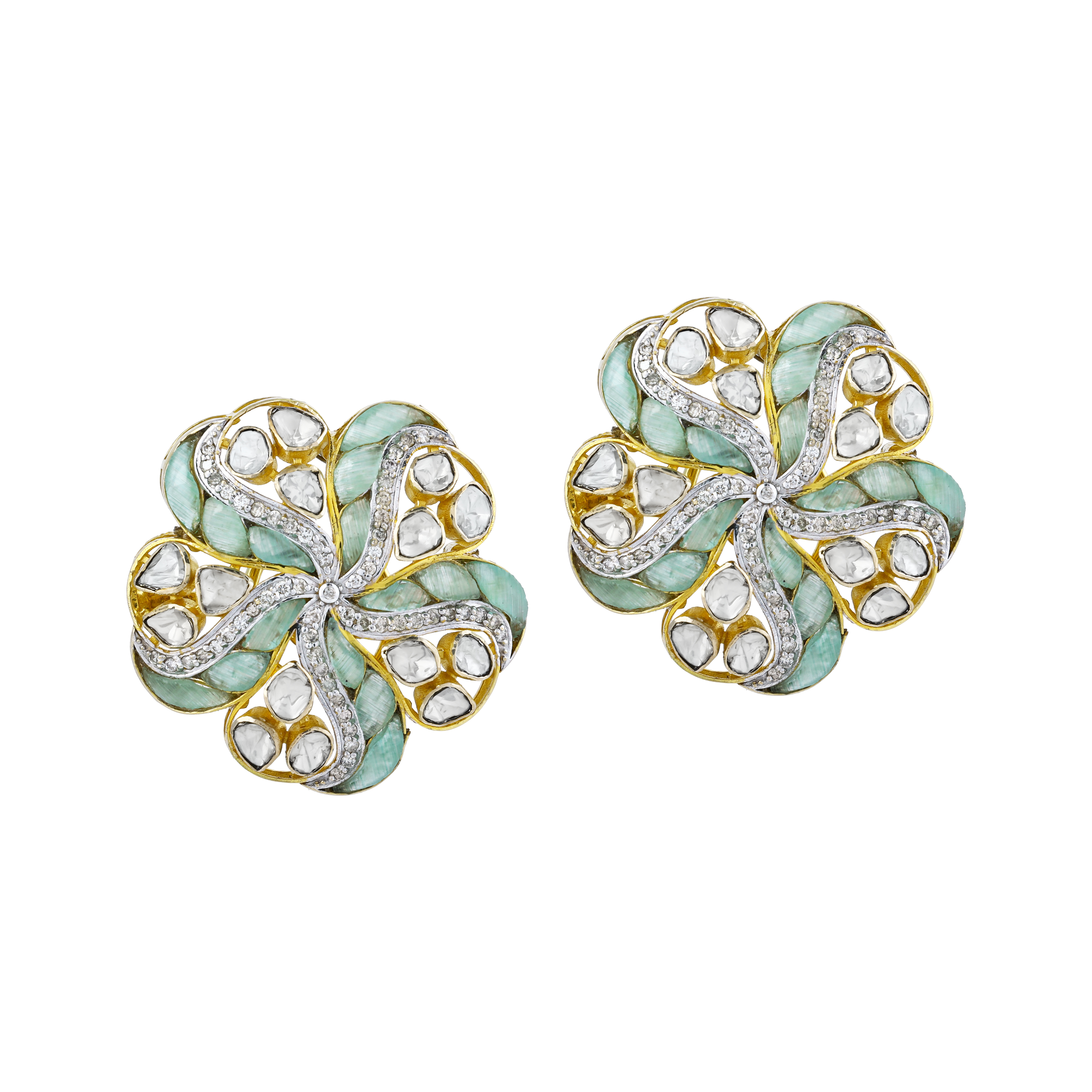 Floral Polki Earrings with Soft Green Talaf and Polki Swirl Design