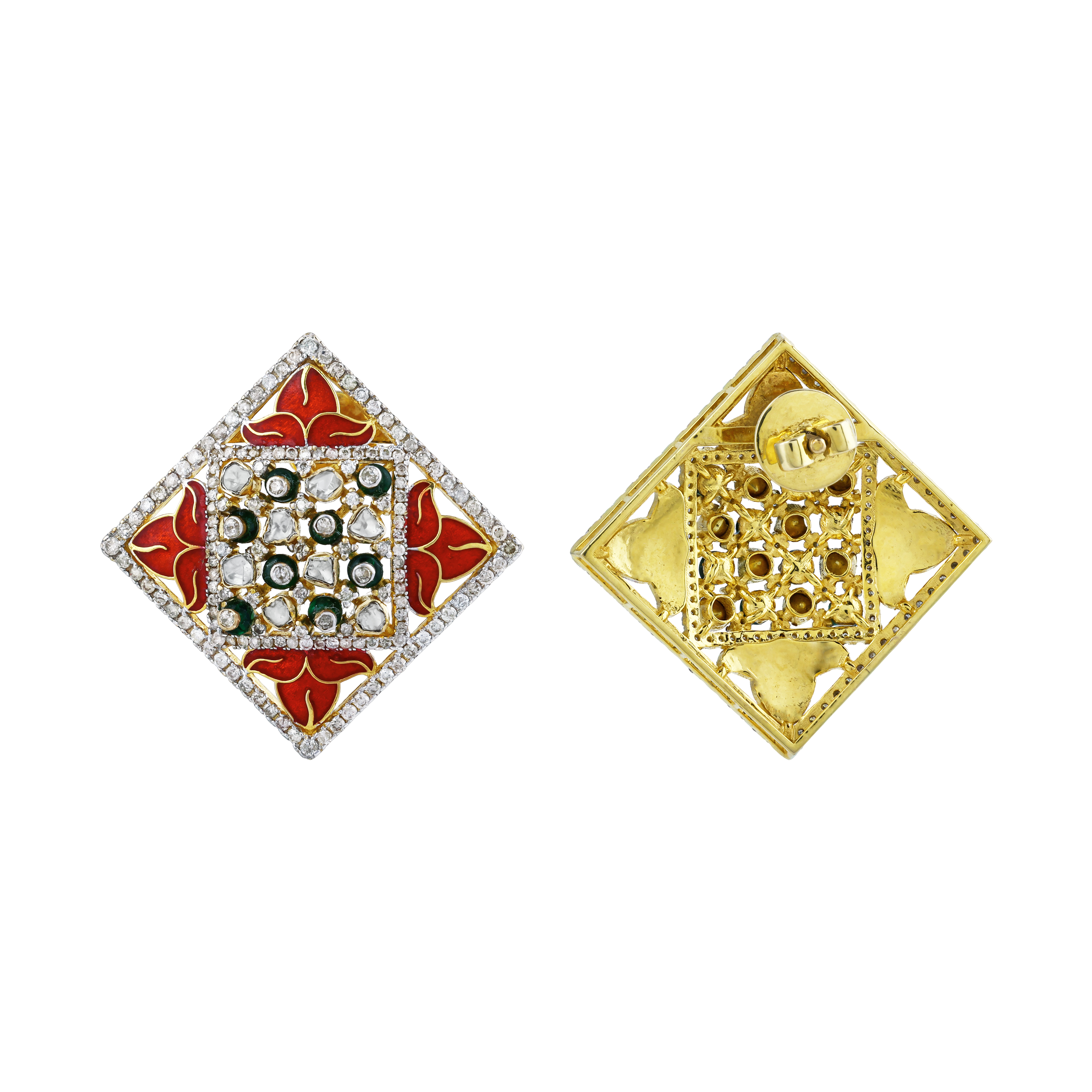 Geometric Polki Stud Earrings with Enamel and Diamonds