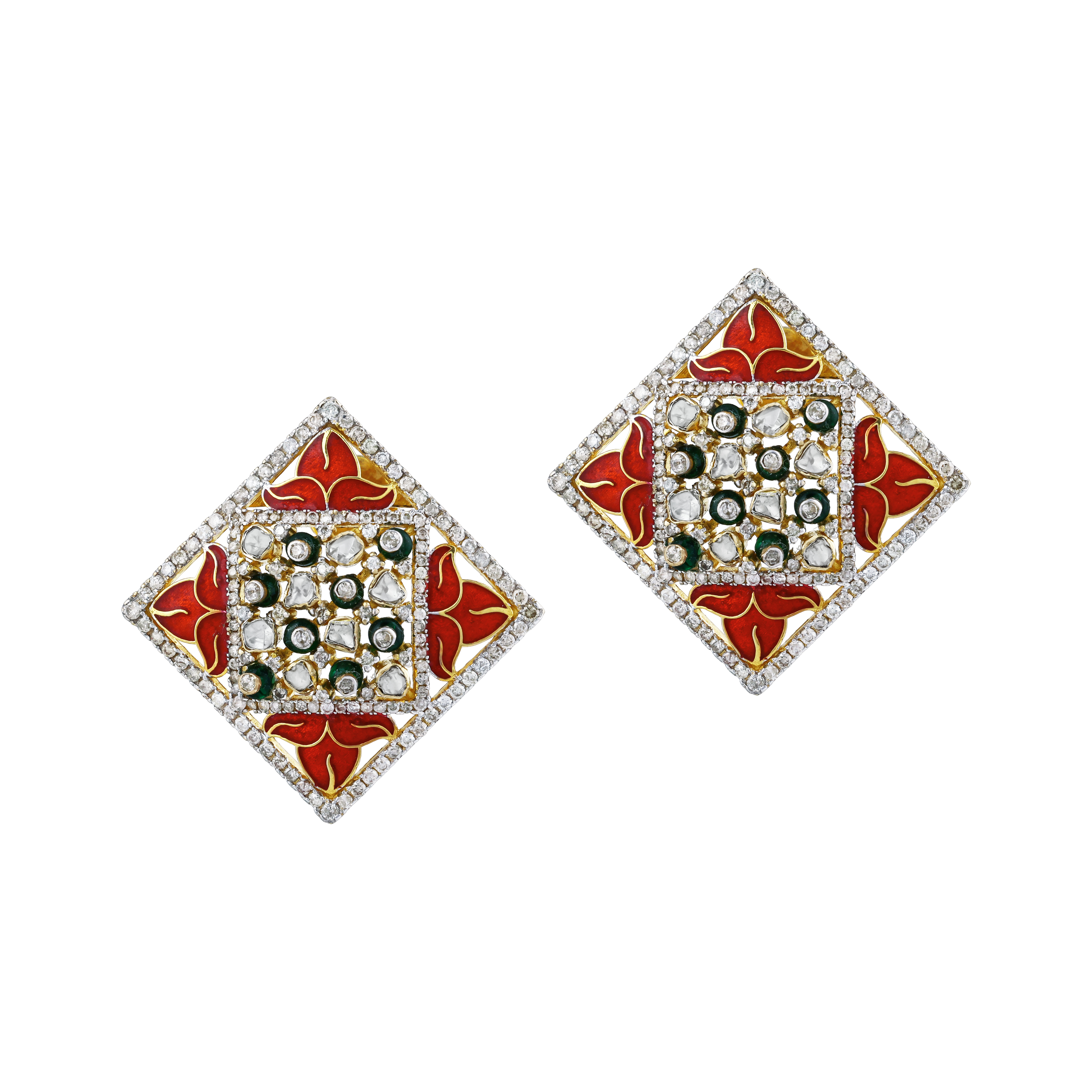 Geometric Polki Stud Earrings with Enamel and Diamonds