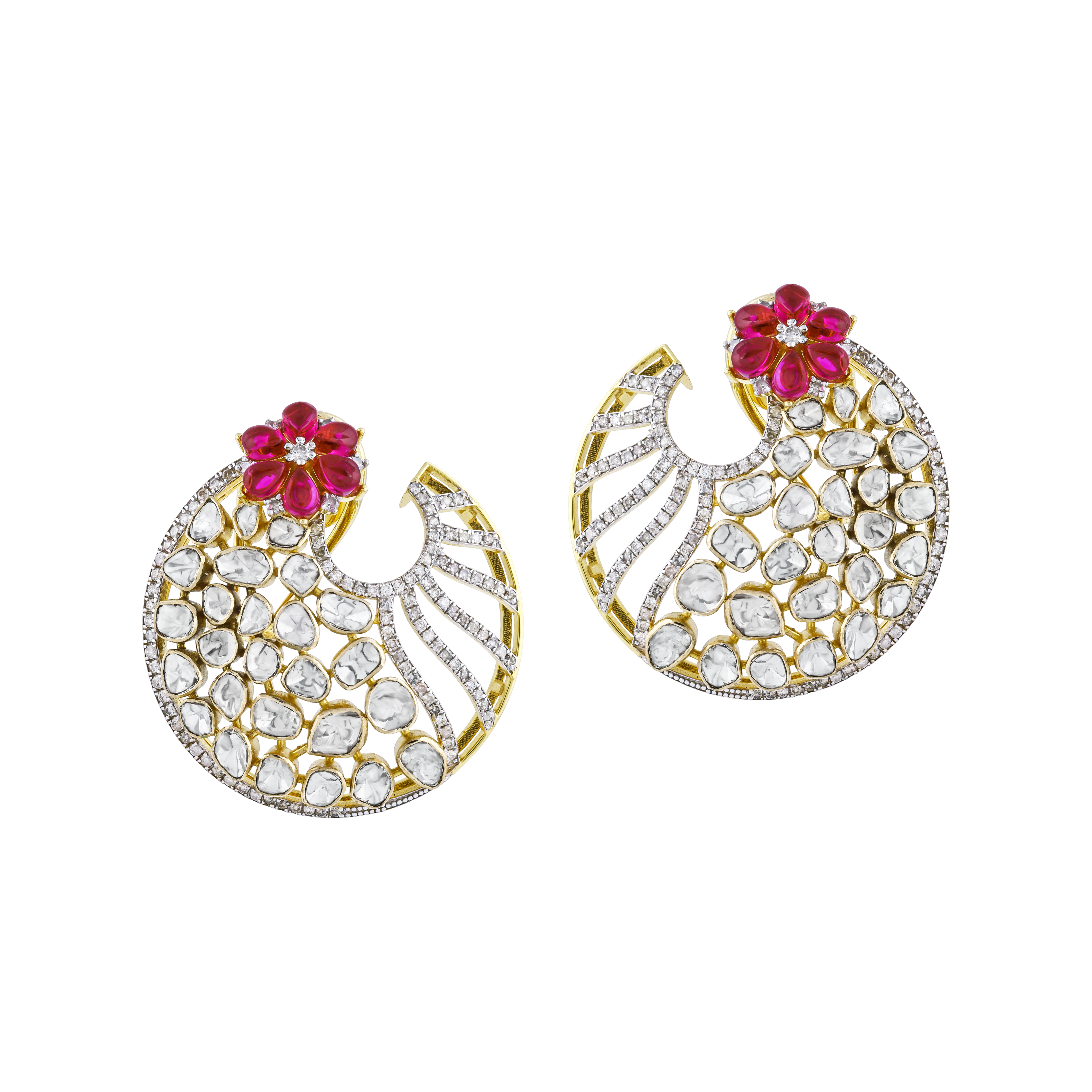 Circular Polki Earrings with Red Flower and Diamonds
