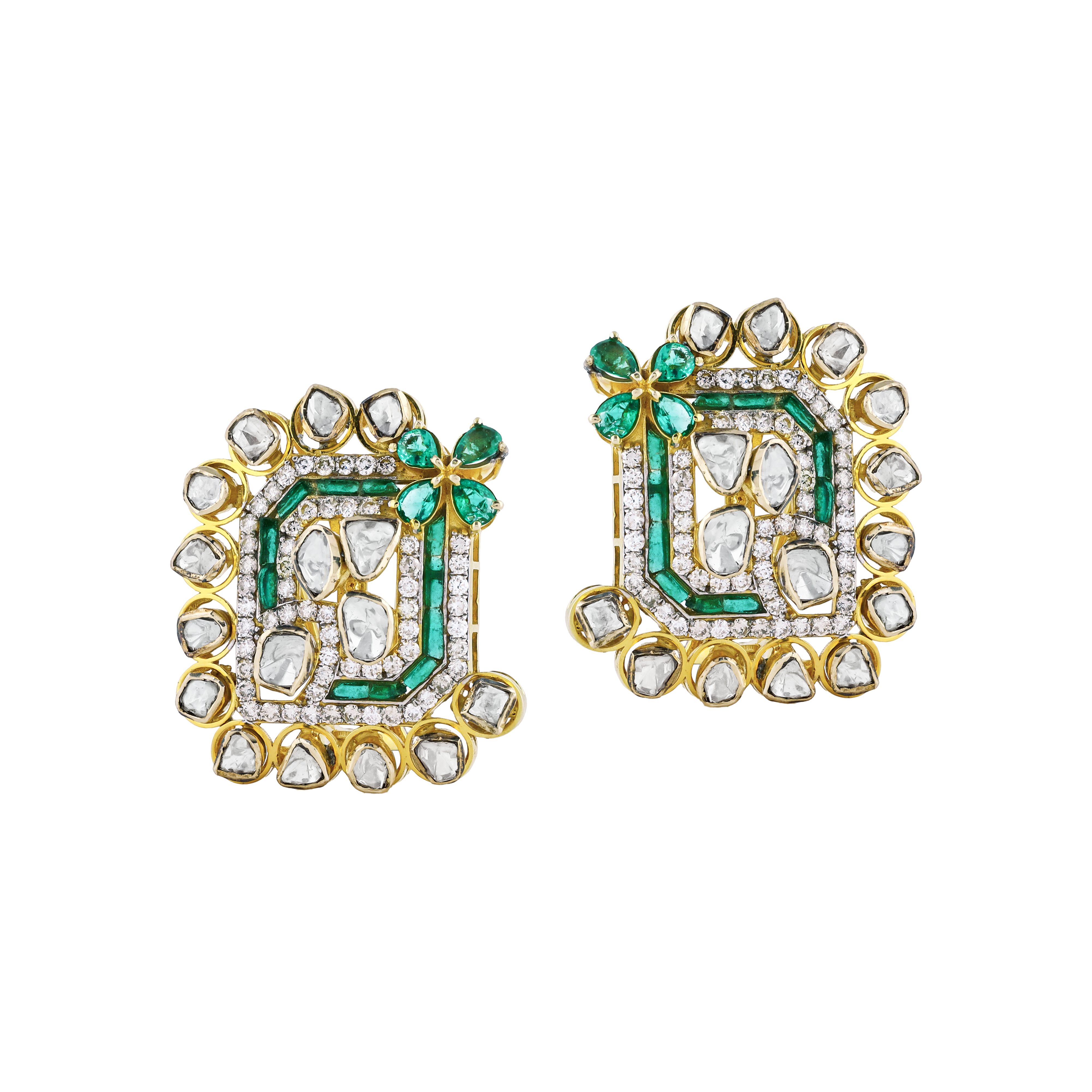 Rectangular Green Colourstone Polki Earrings with pearls