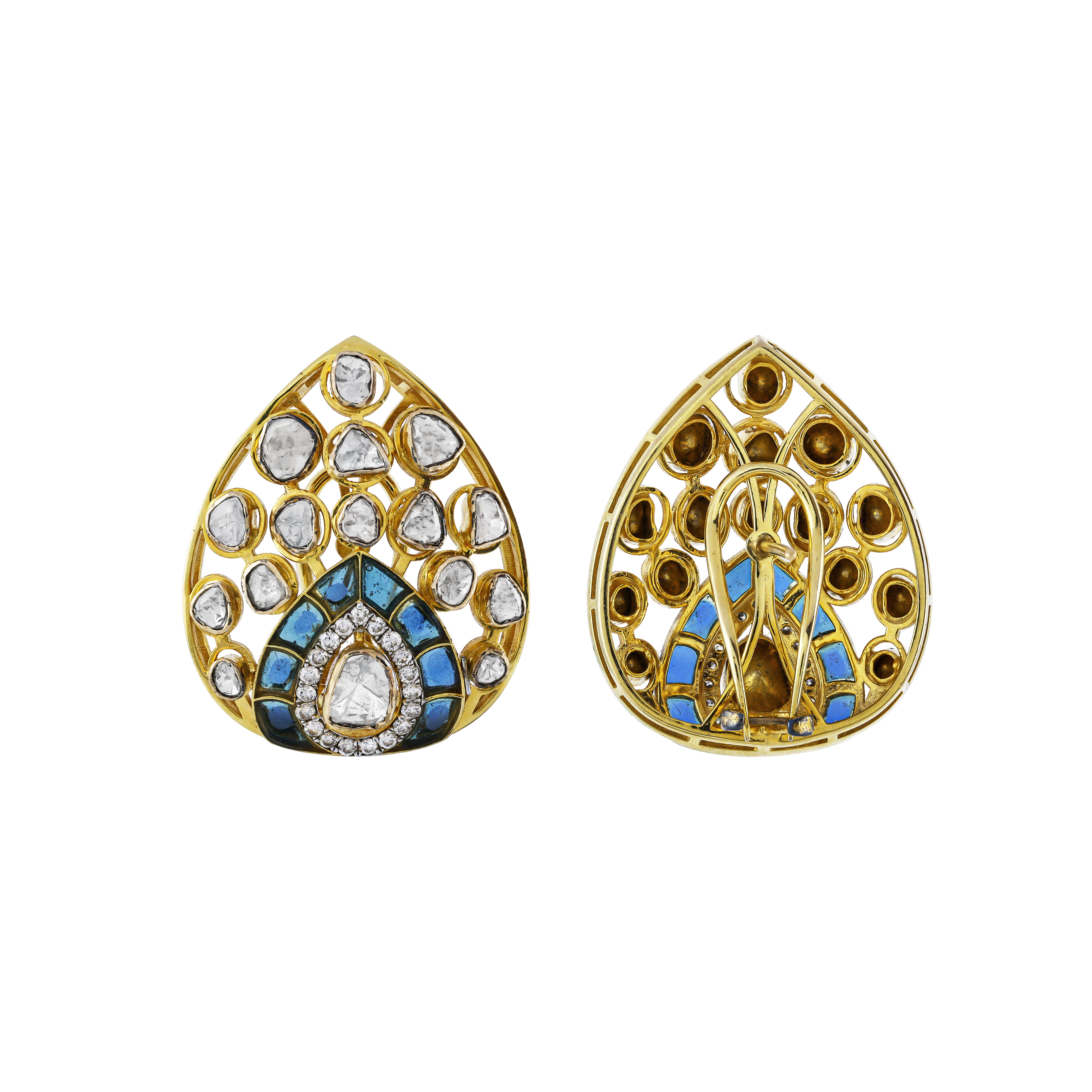 Teardrop Earrings with Polki Diamonds and Blue Talaf