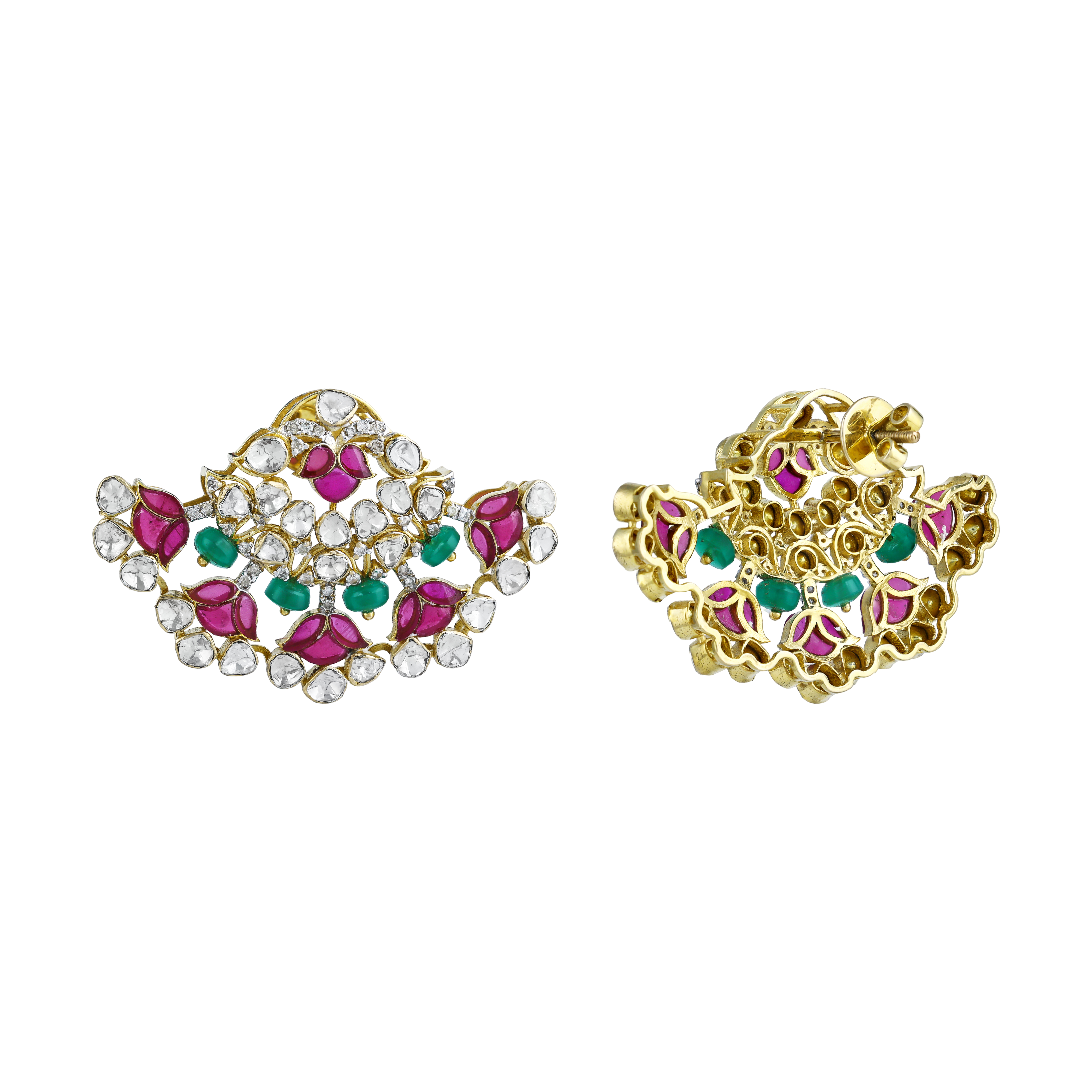 Radiant Cluster Earrings with Pink Petals and Green Accents