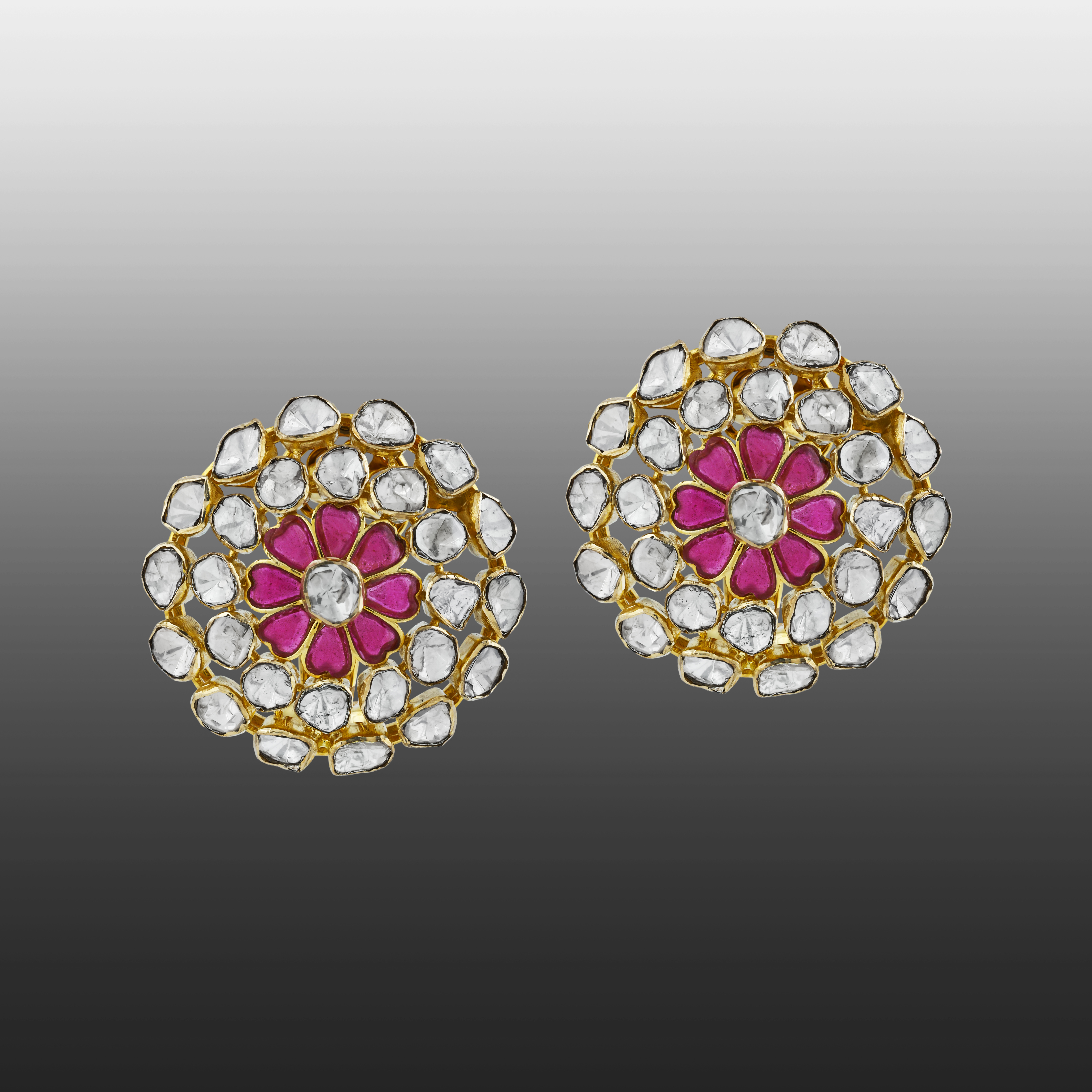 Floral Pink Stone Earrings with Uncut Diamonds in a Circular Frame
