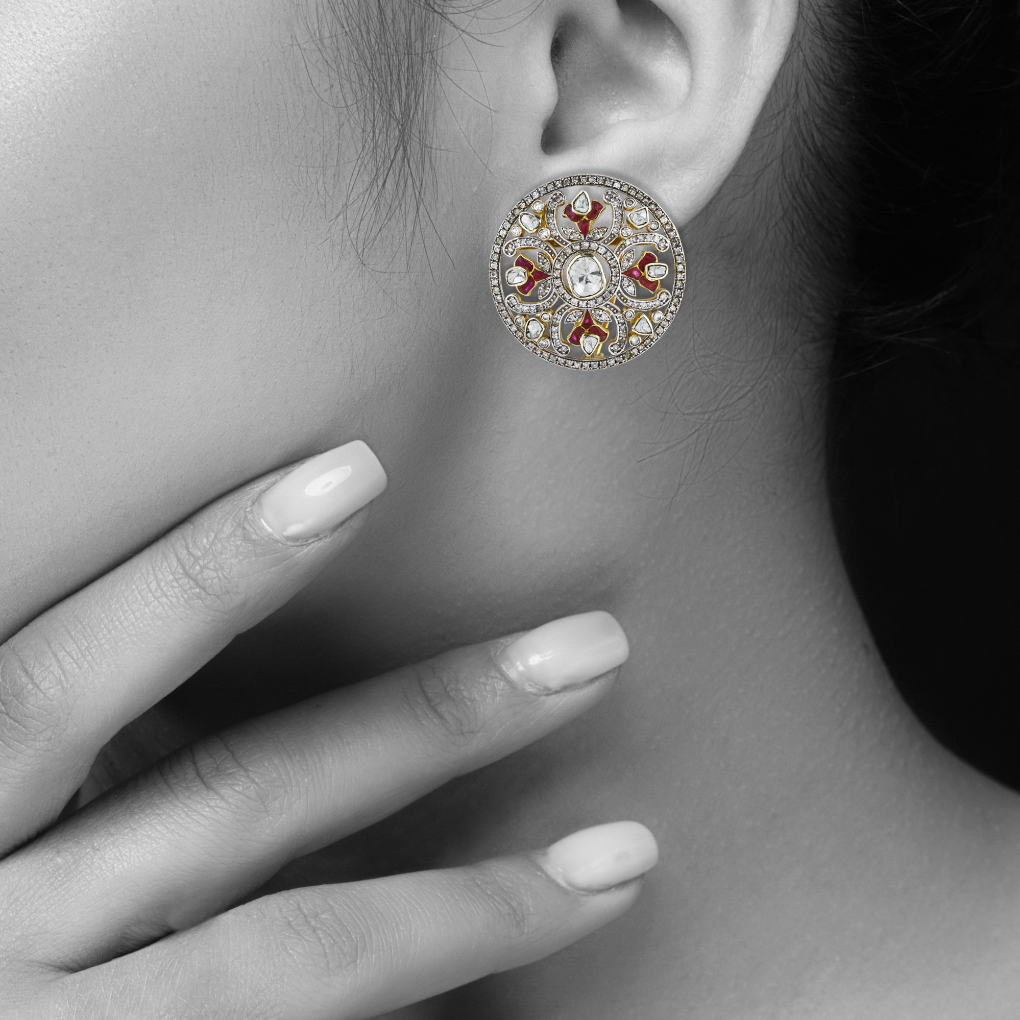 Opulent Circular Earrings with Uncut Diamond and Red Talaf