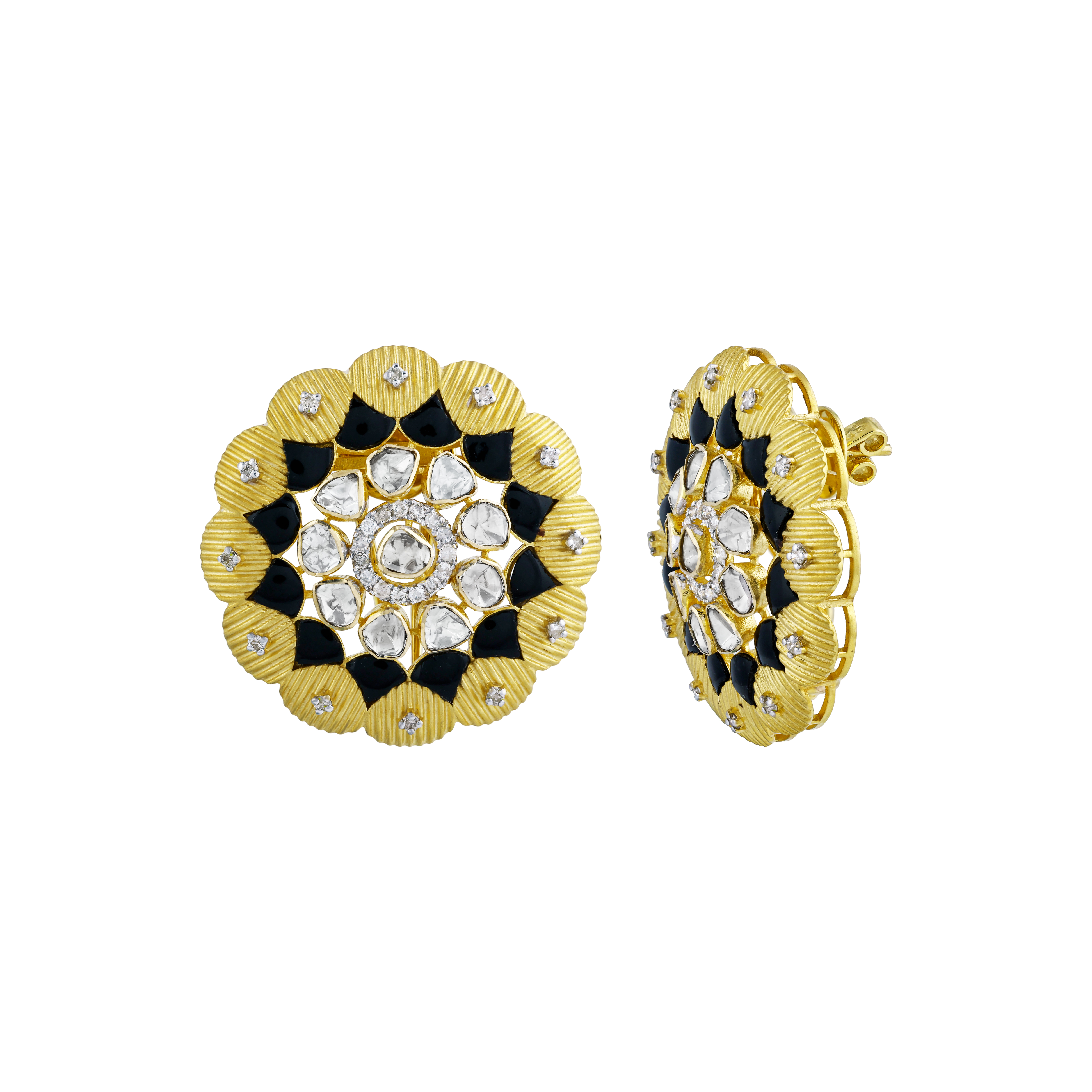 Floral-Inspired Earrings with Uncut Diamonds and Black Enamel