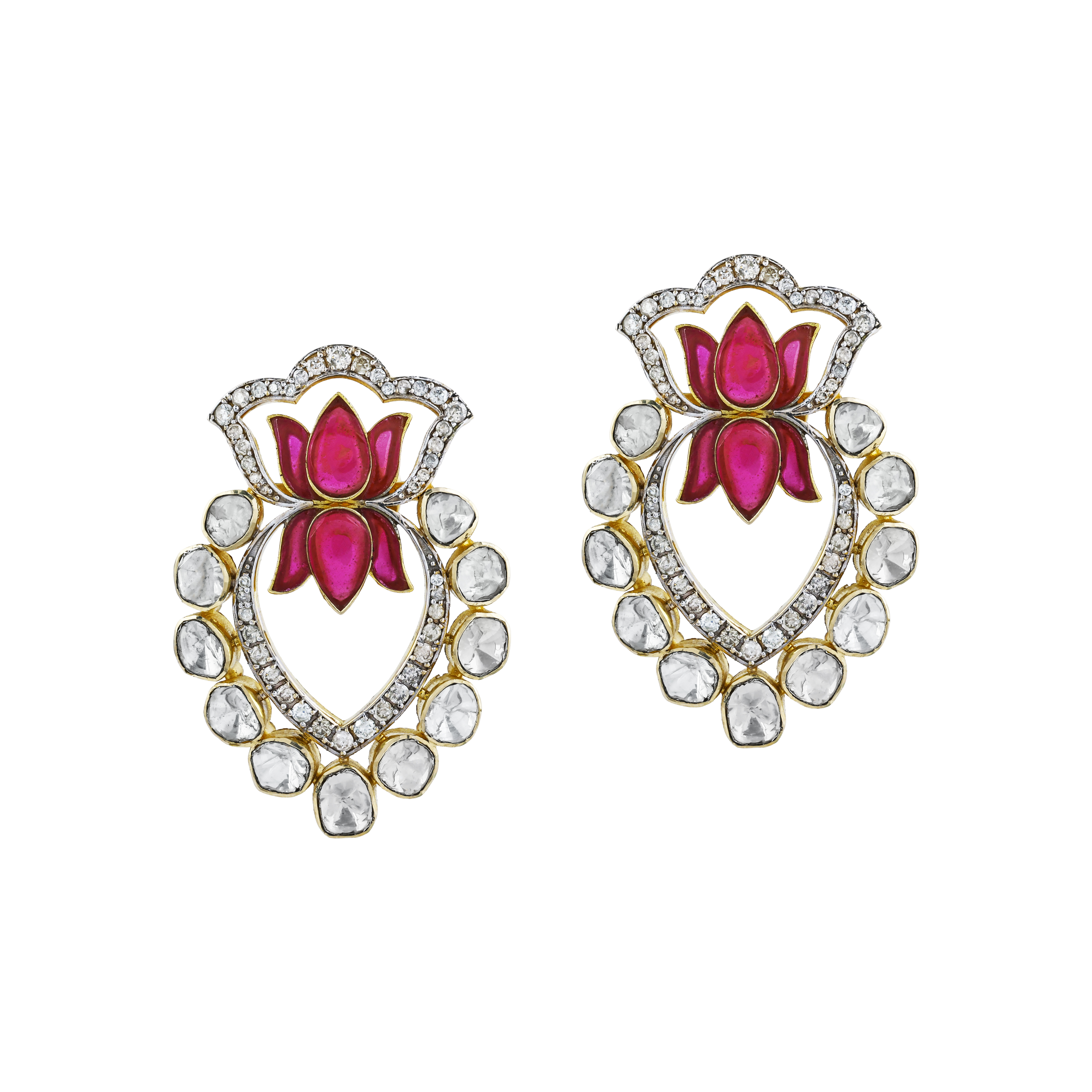 Lotus Motif Earrings with Uncut Diamonds and Red Talaf Accents