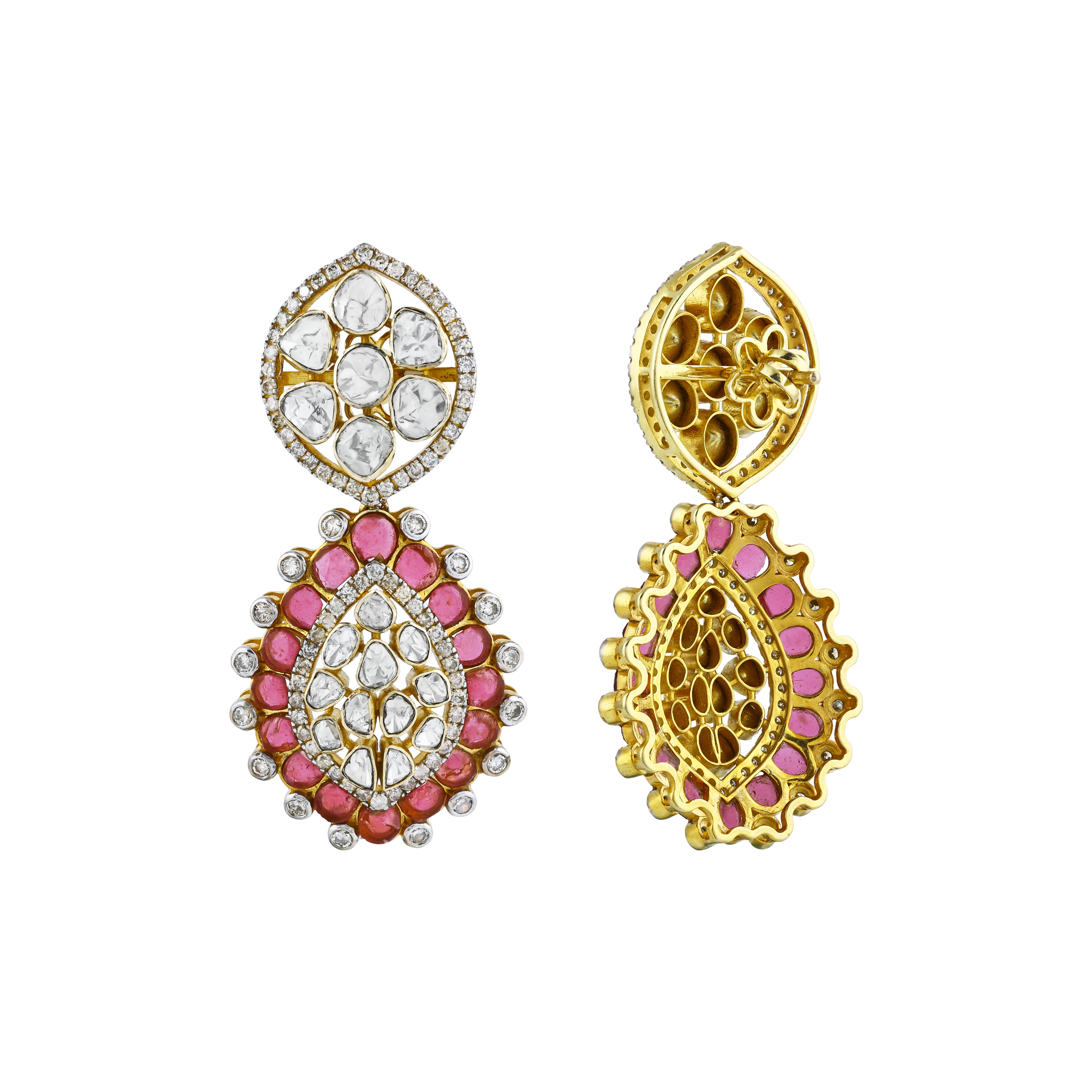 Earrings with Uncut Diamonds and Pink Colour Stone Accents