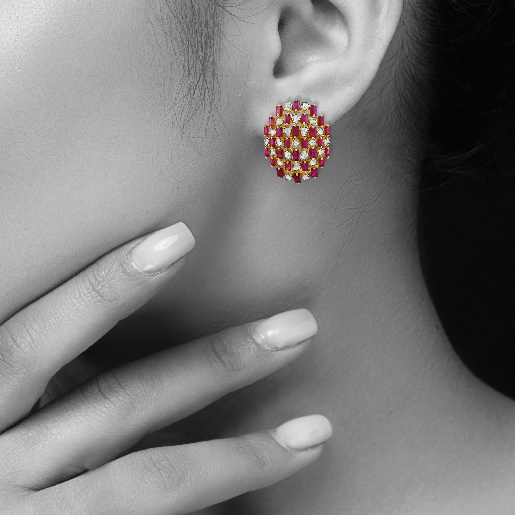 Geometric Red Cut Stone Earrings with Polkis