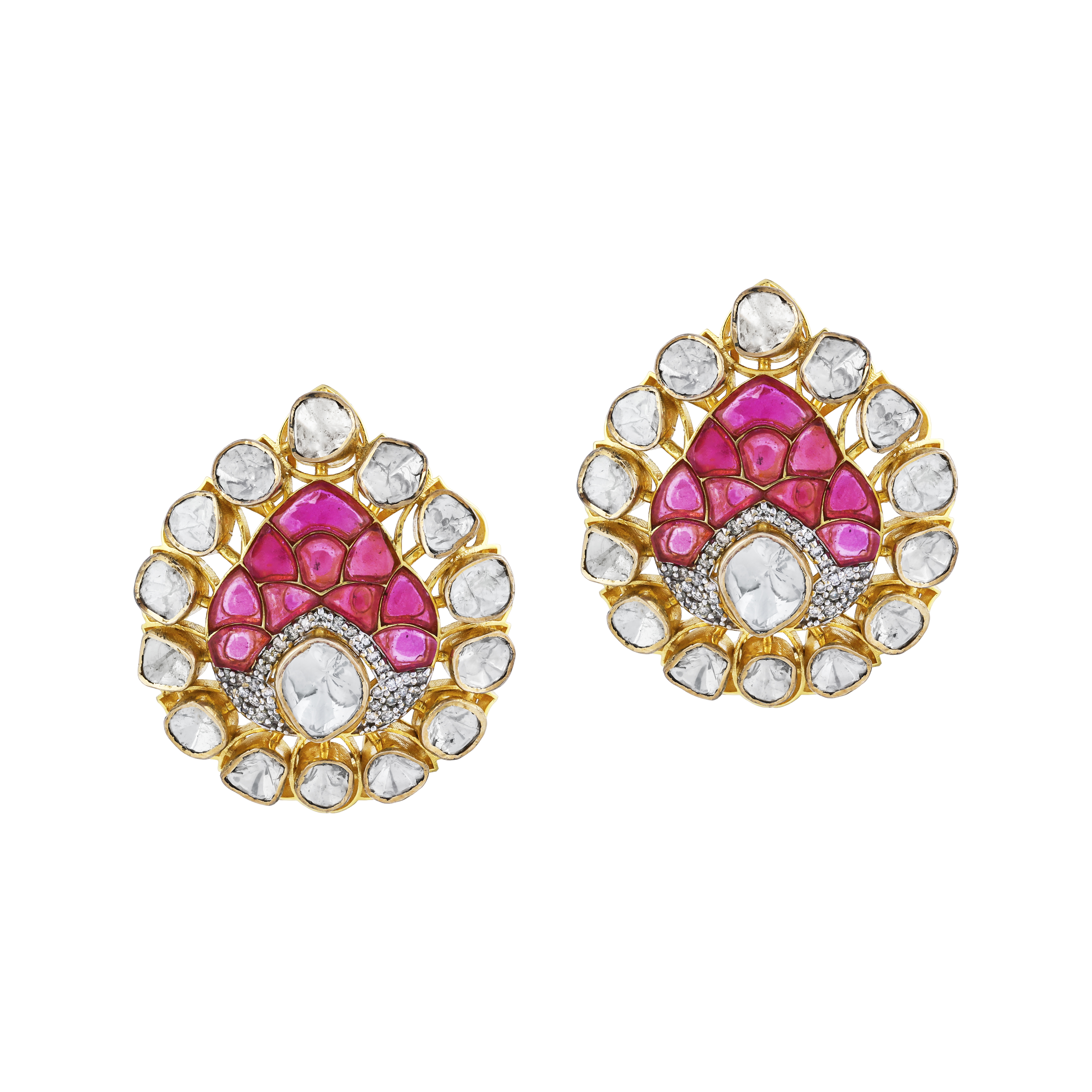 Teardrop Earrings with Uncut Diamonds and Pink Talaf