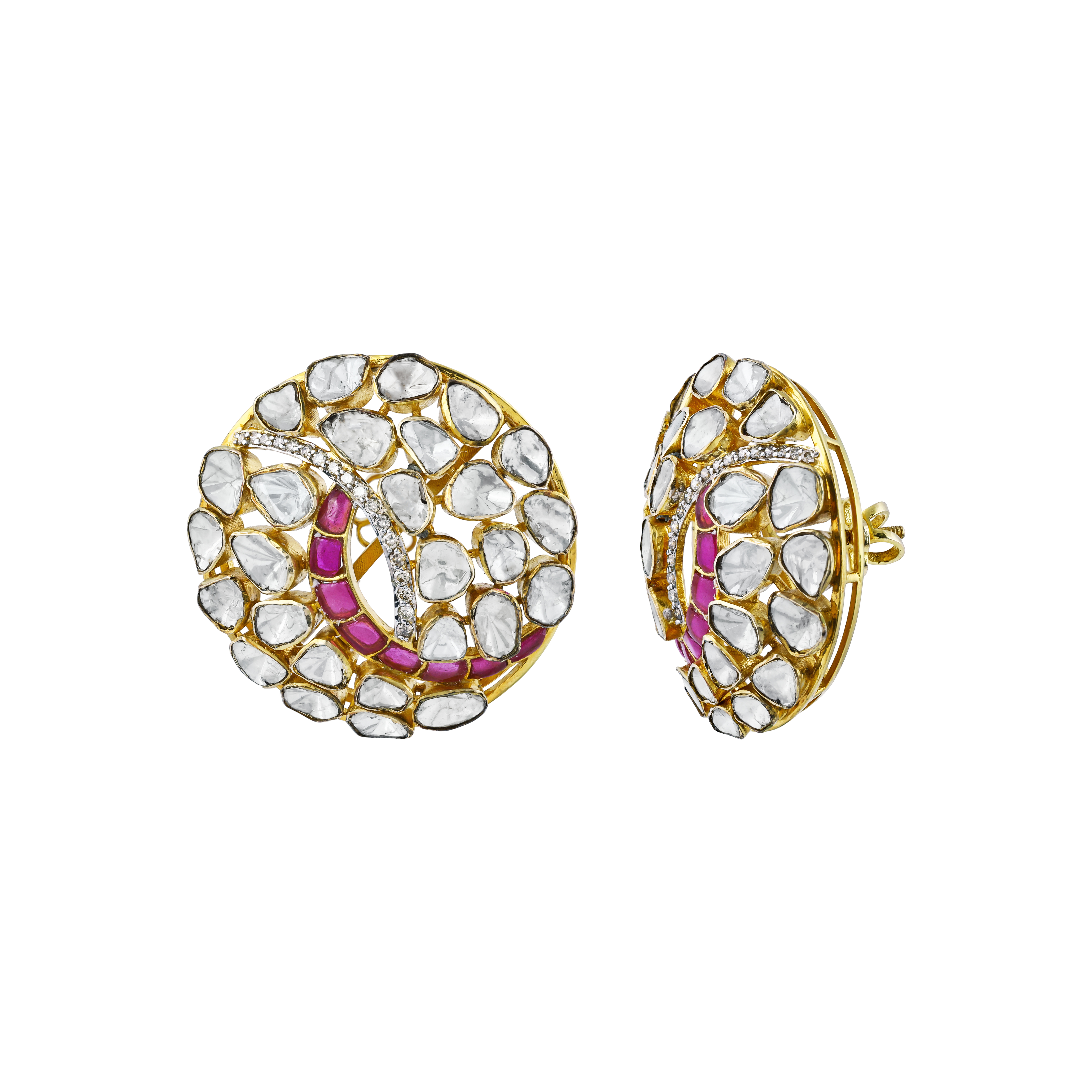 Round Polki Earrings with Pink Swirl Accent