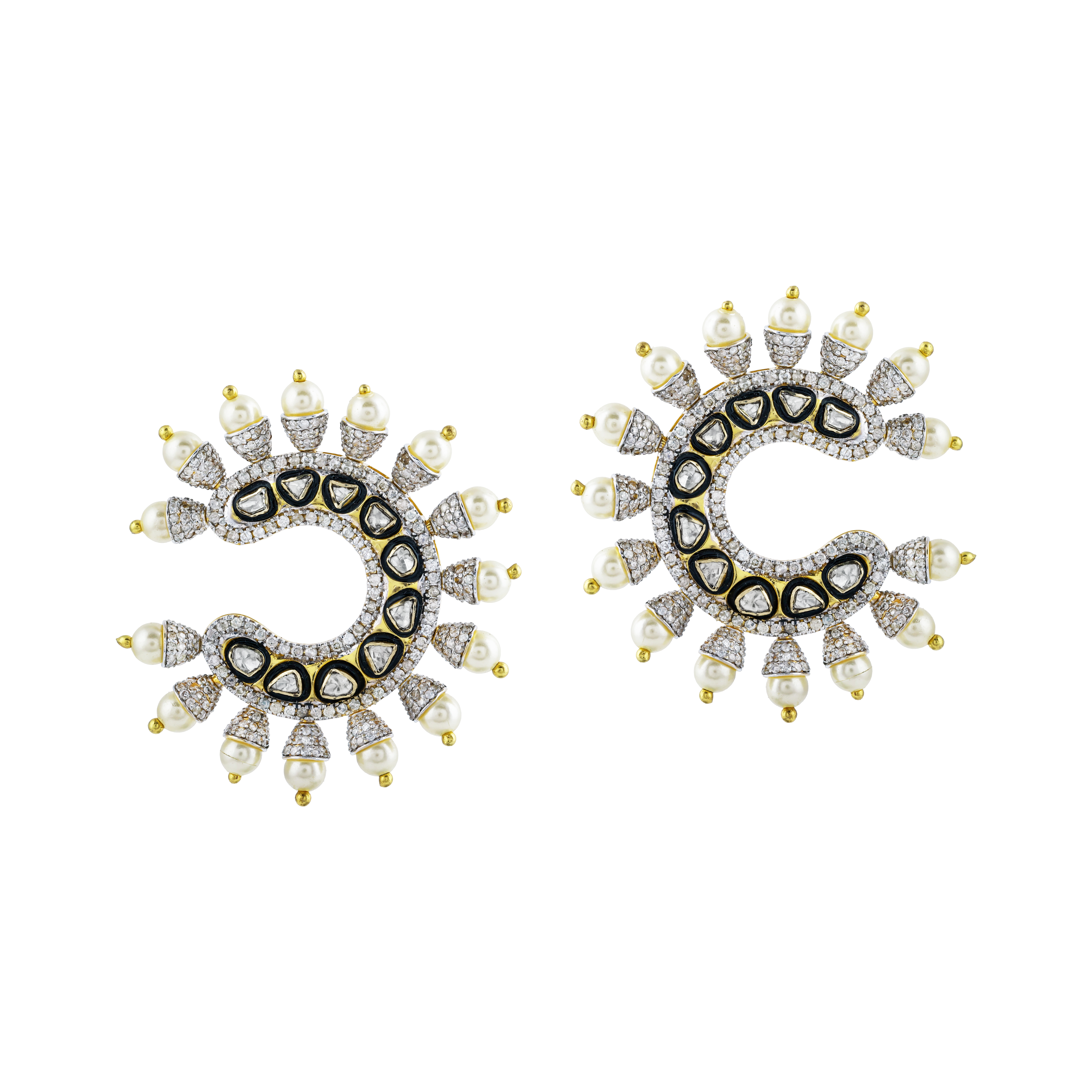 Crescent-Shaped Polki Earrings with Black Enamel, Diamonds and Pearls