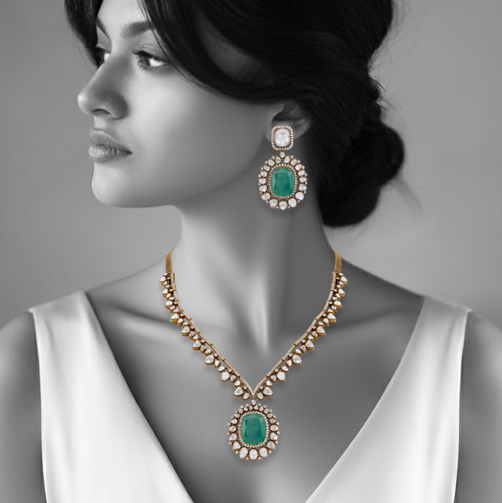 Emerald Pendant Necklace and Earring Set with Diamond Highlights