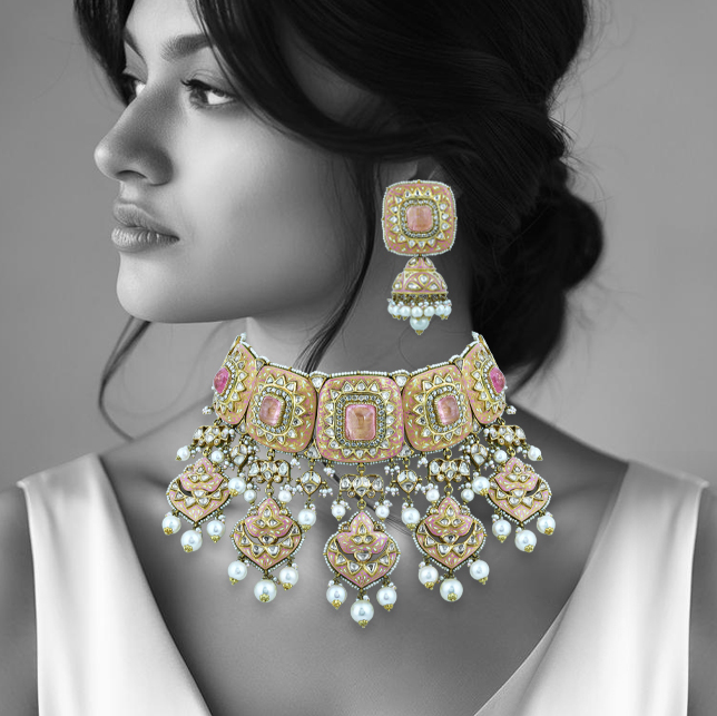 Rose Enamel Choker Set with Square Polki and Pearl Drops