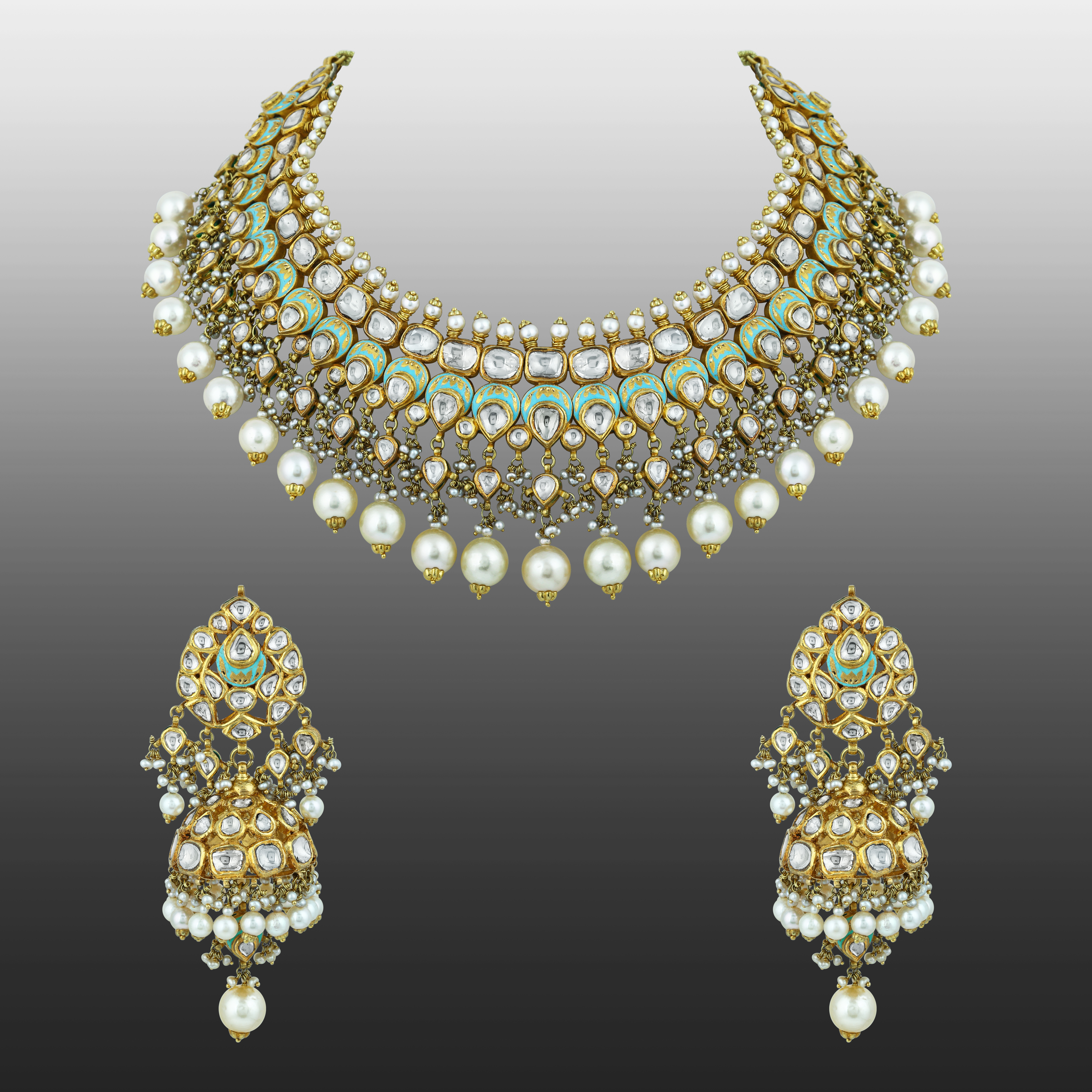 Mint Meenakari Necklace Set with Polki & Pearls