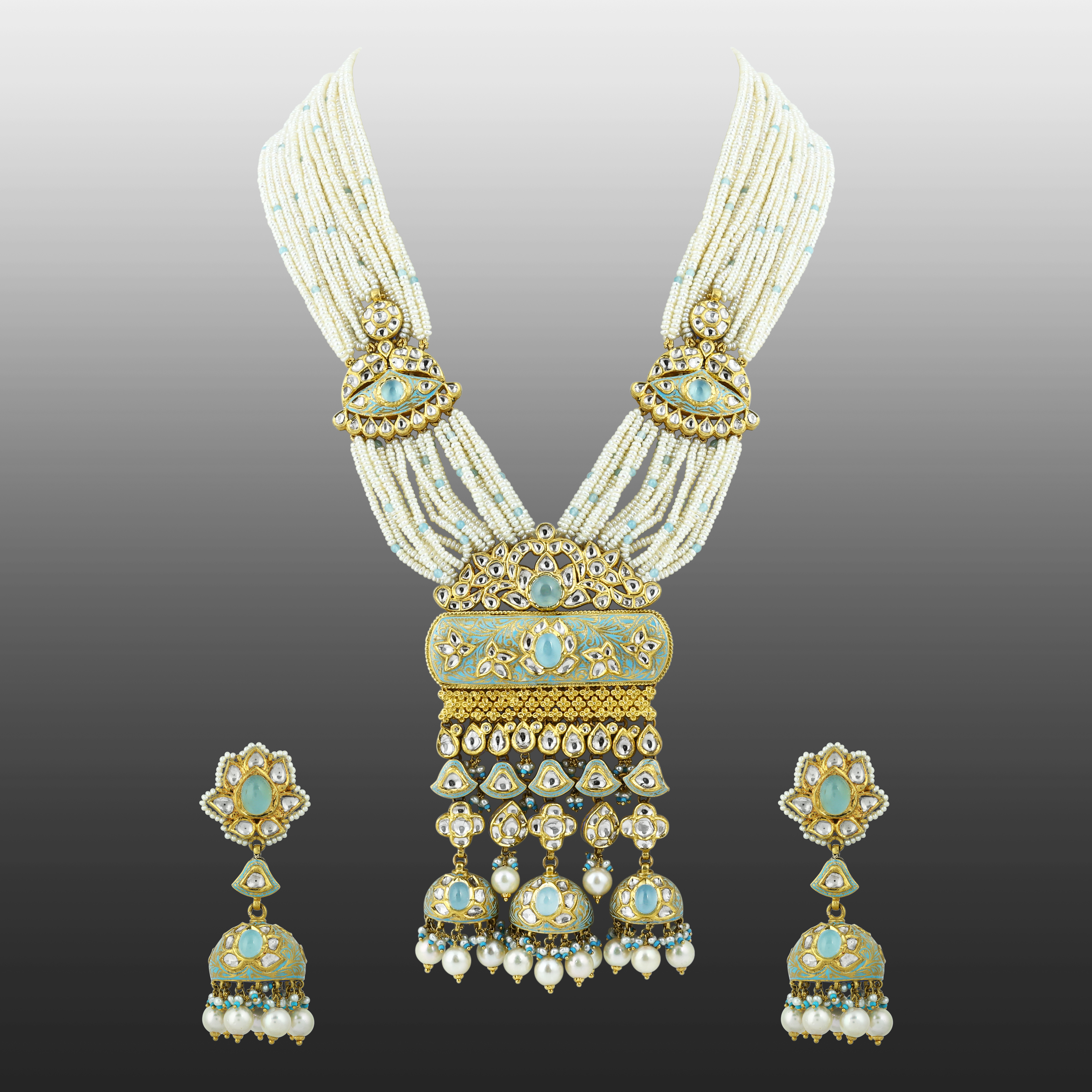 Multi-Strand Pearl Necklace Set with Polki Pendant and Blue Enamel