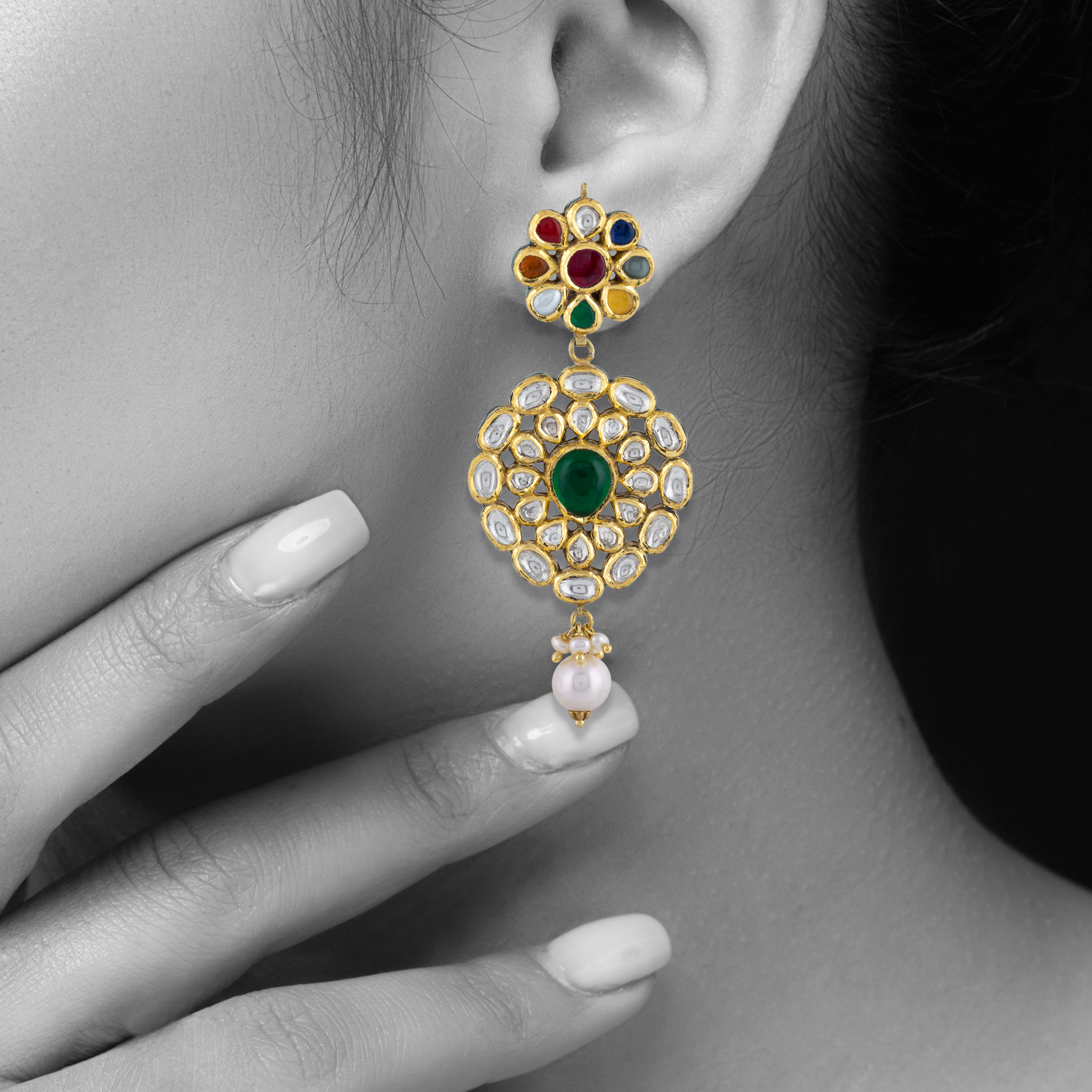 Floral Navratna Earrings with Polki Pear Drop