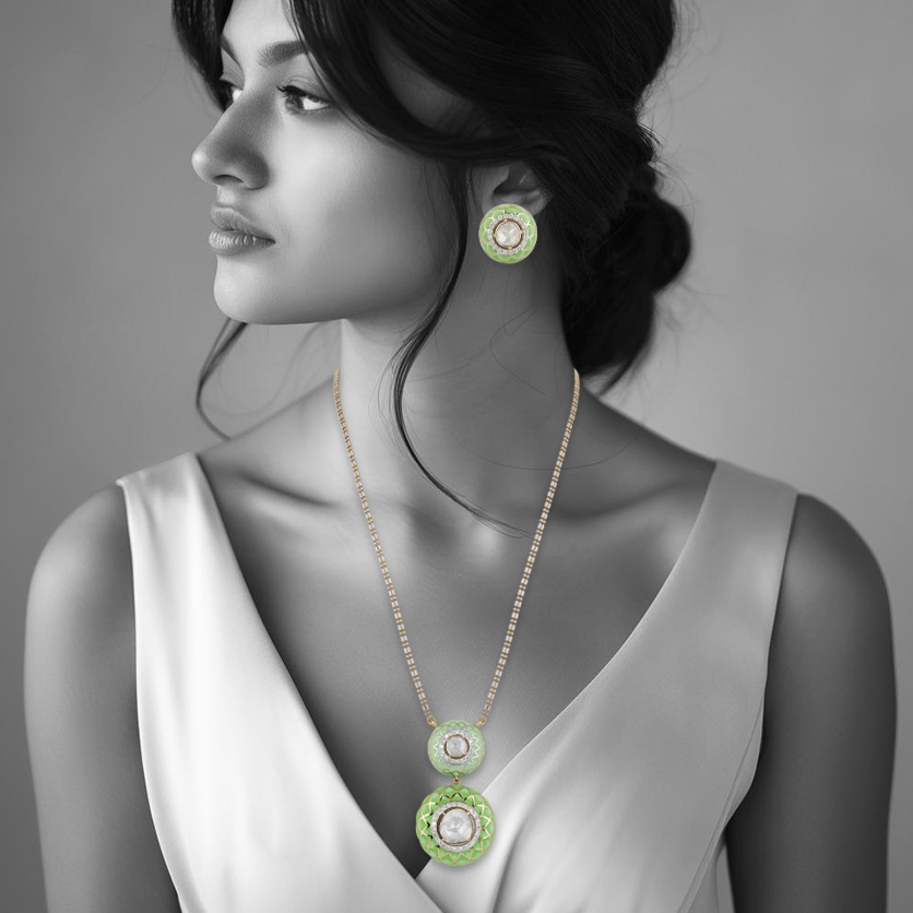 Two-tiered Polki Pendant with Pastel Green Enamel