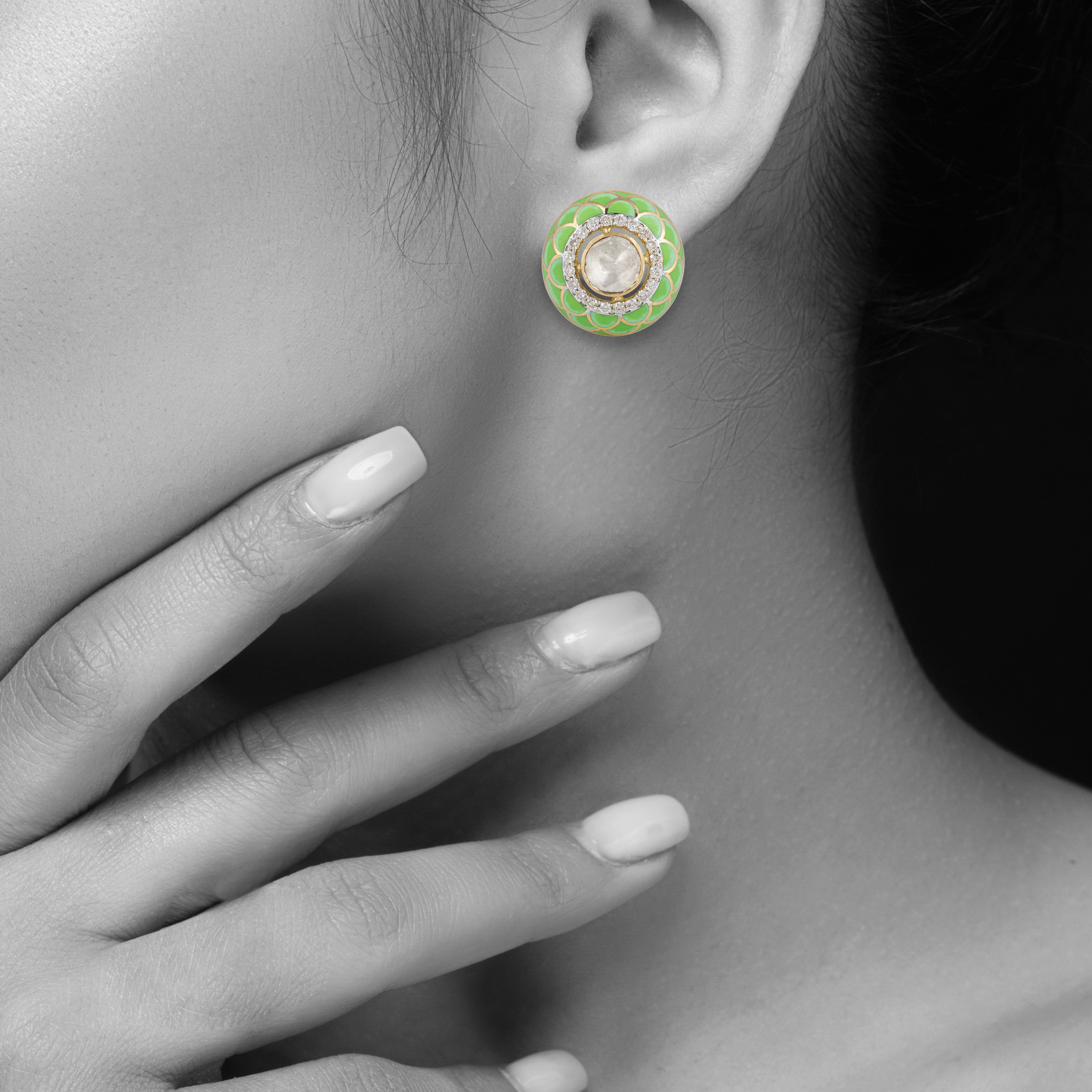 Pastel Green Enamel Stud Earrings with Polki and Diamonds