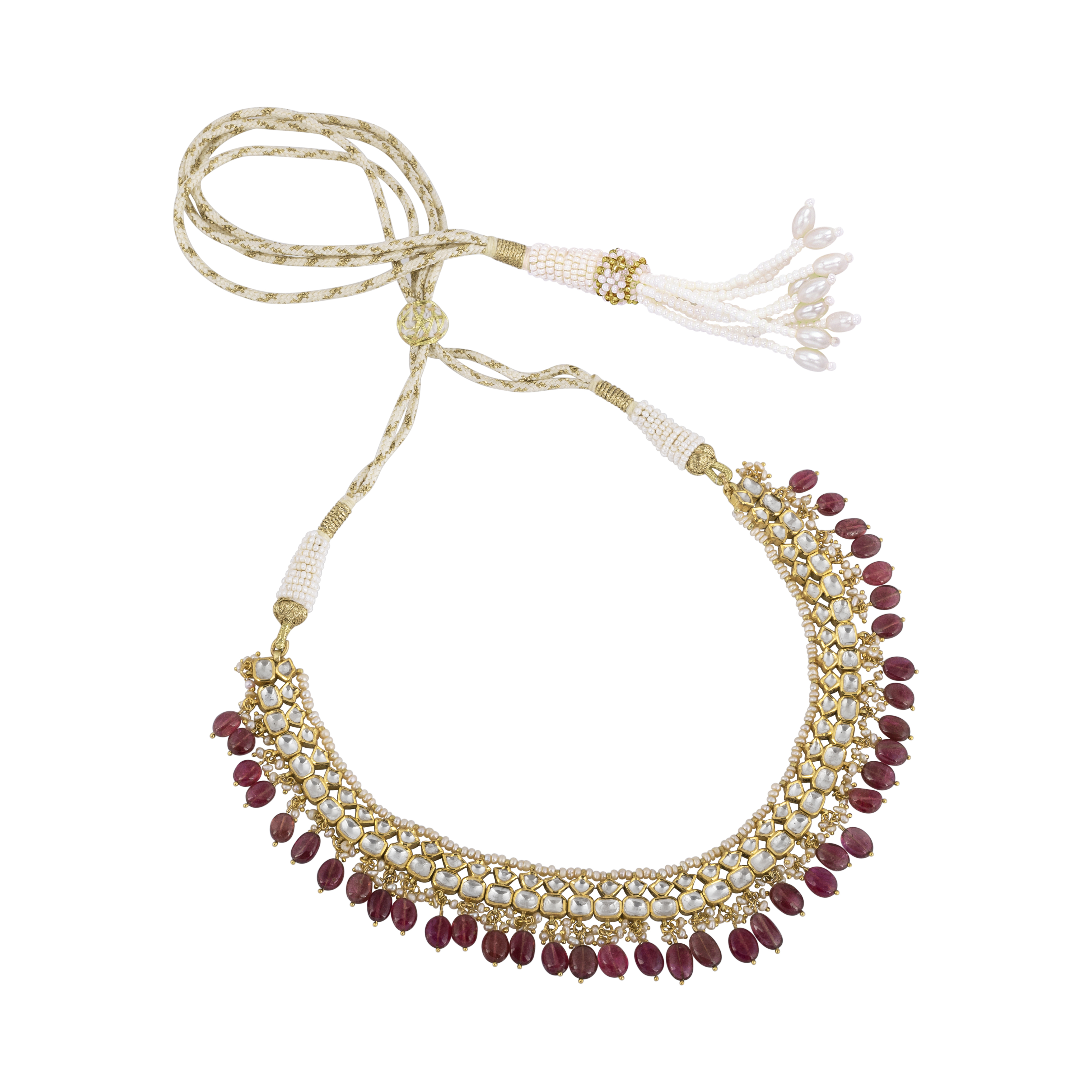 Polki Necklace with Tourmaline Drops and Pearl Beads