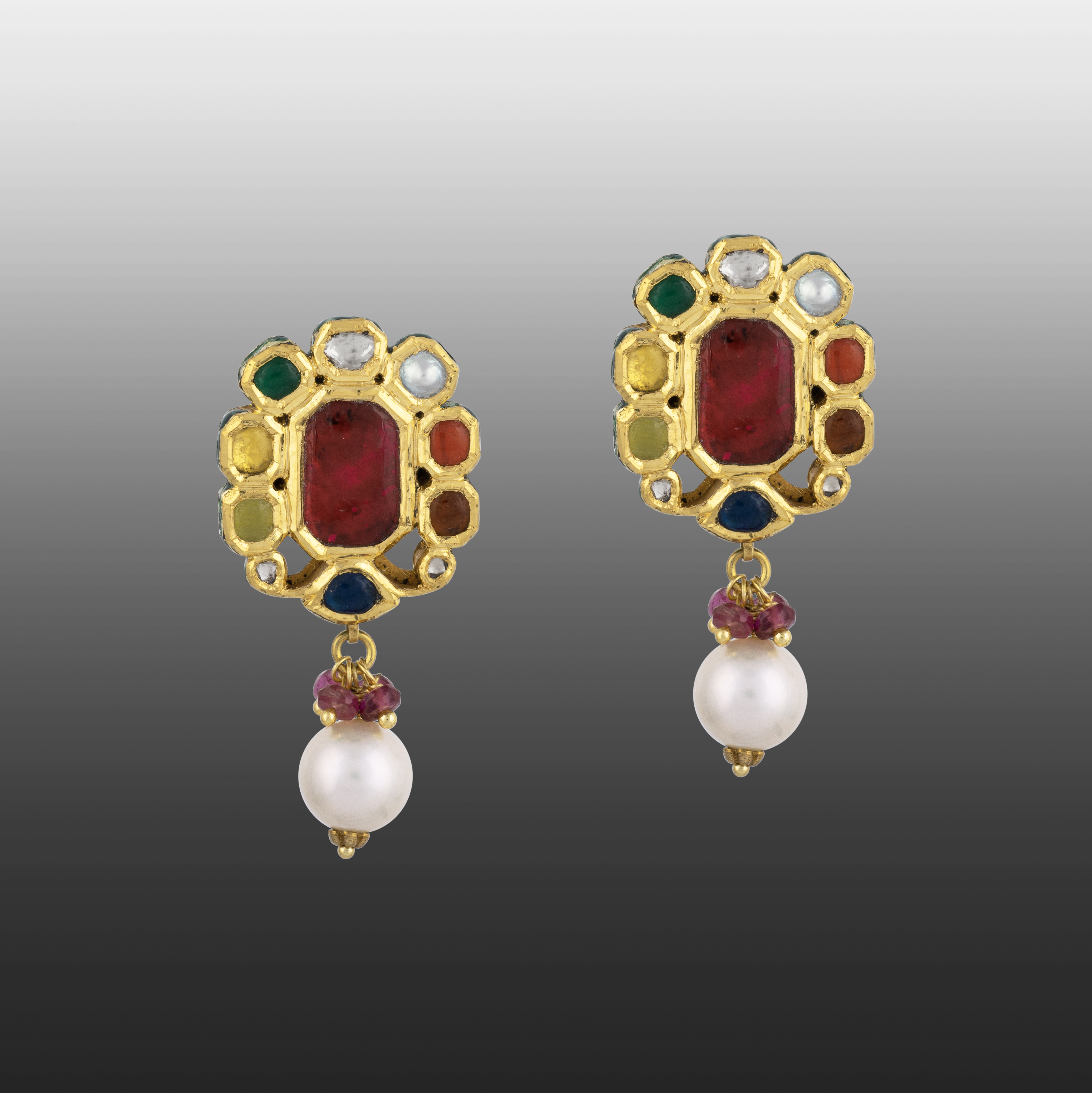 Navratna Earrings with Beads, Pearl, and Celestial Gems
