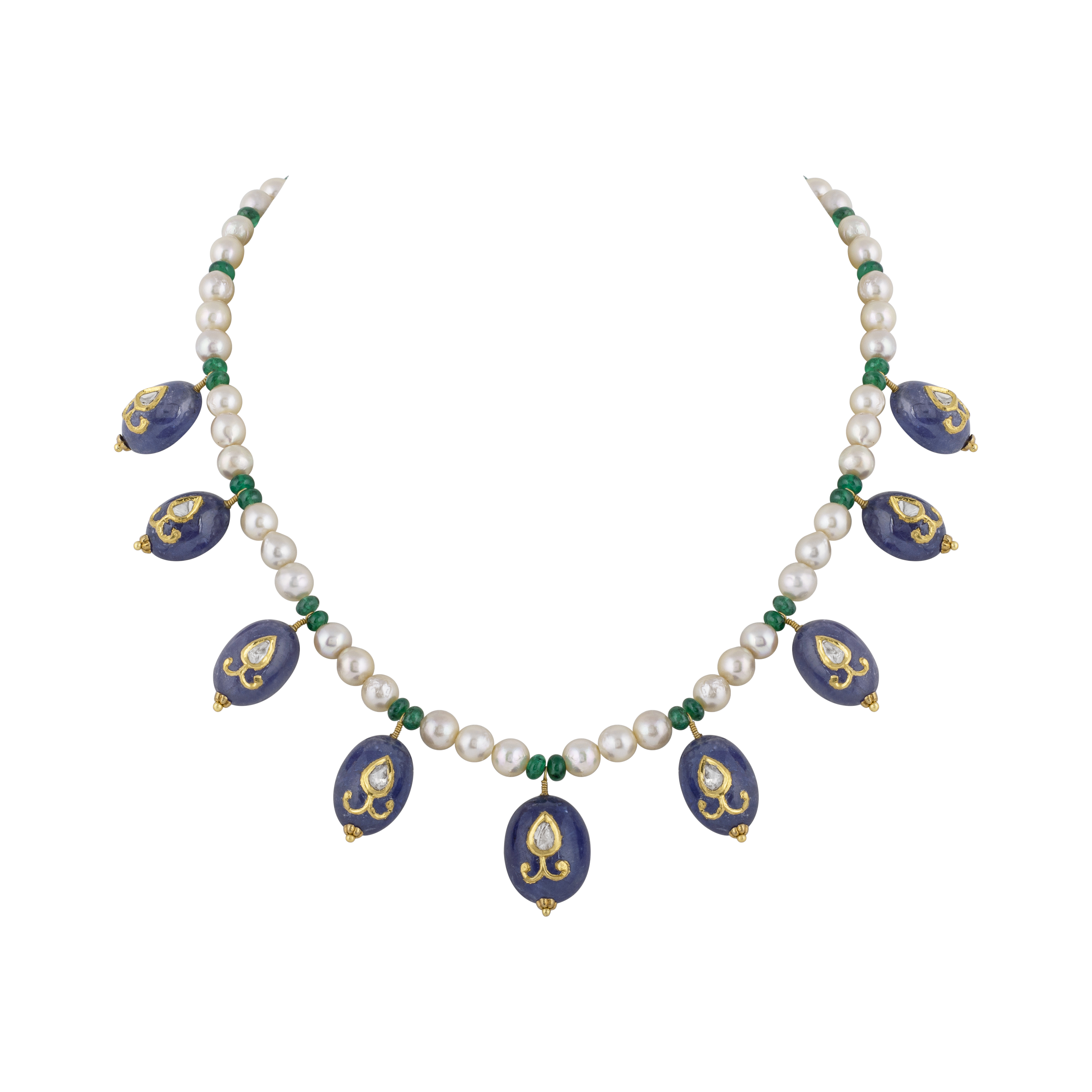 Polki Necklace Jadau Amethyst Hung on Pearl and Green Beads String