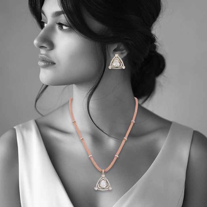 Diamond Polki Triangular Pendant with Rose Gold String