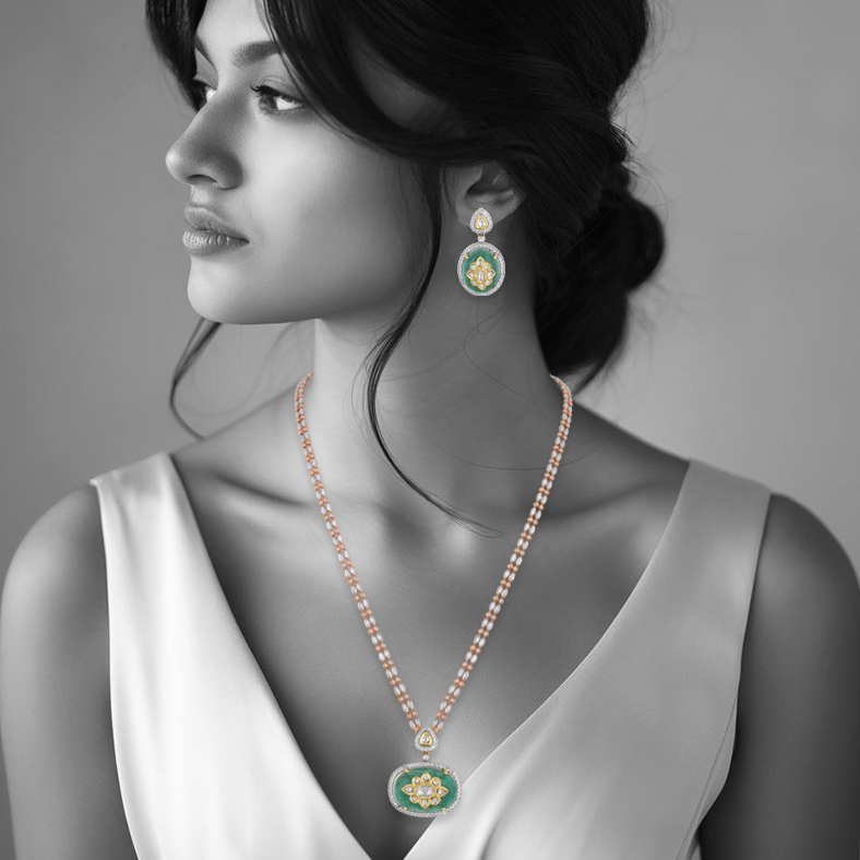 Green Stone Jadau Pendant with Diamond Halo and Fusion Chain