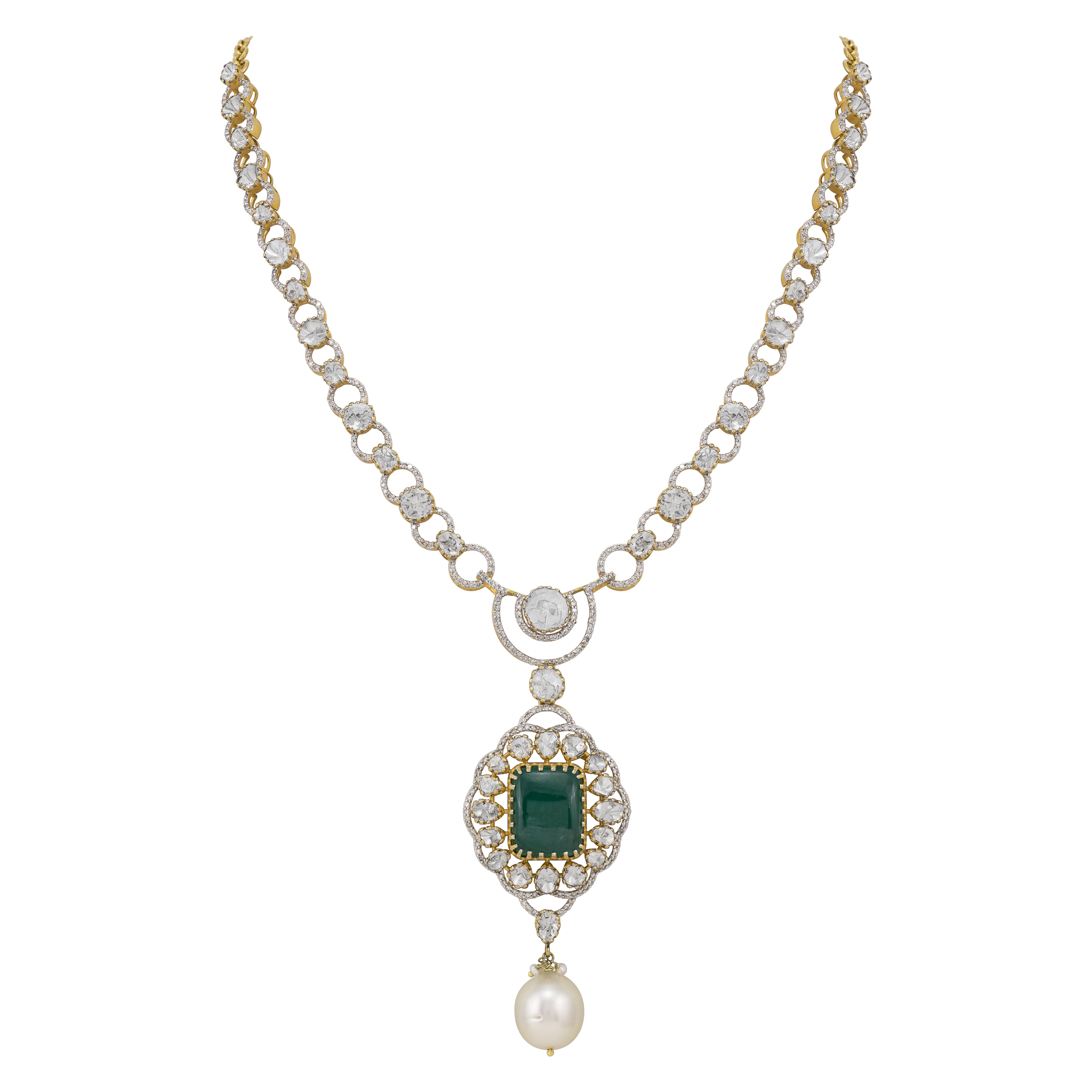 Claw-Set Emerald Pendant with Polki Diamond and Pearl Drops