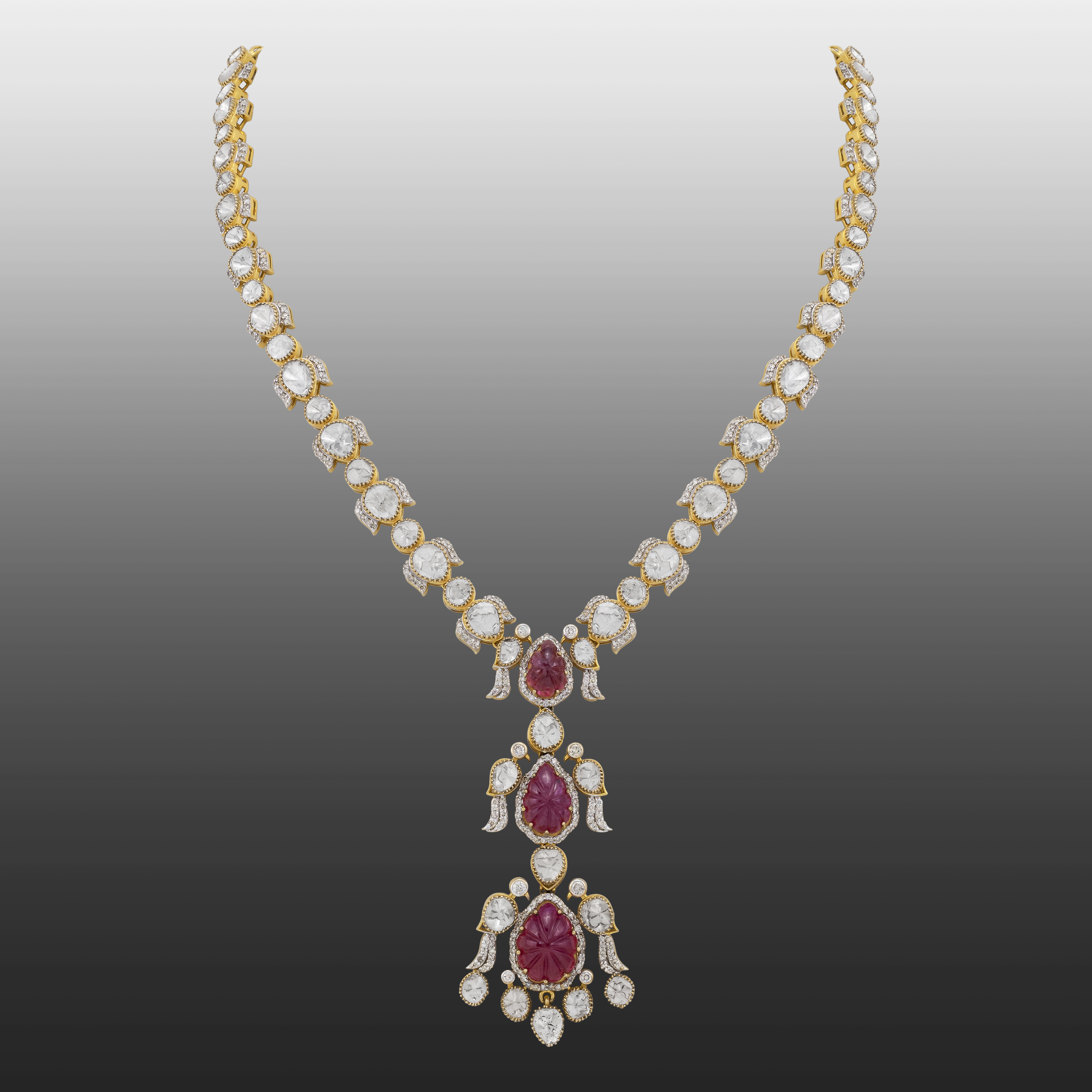 Carved Ruby Pendant Necklace with Polki Diamonds