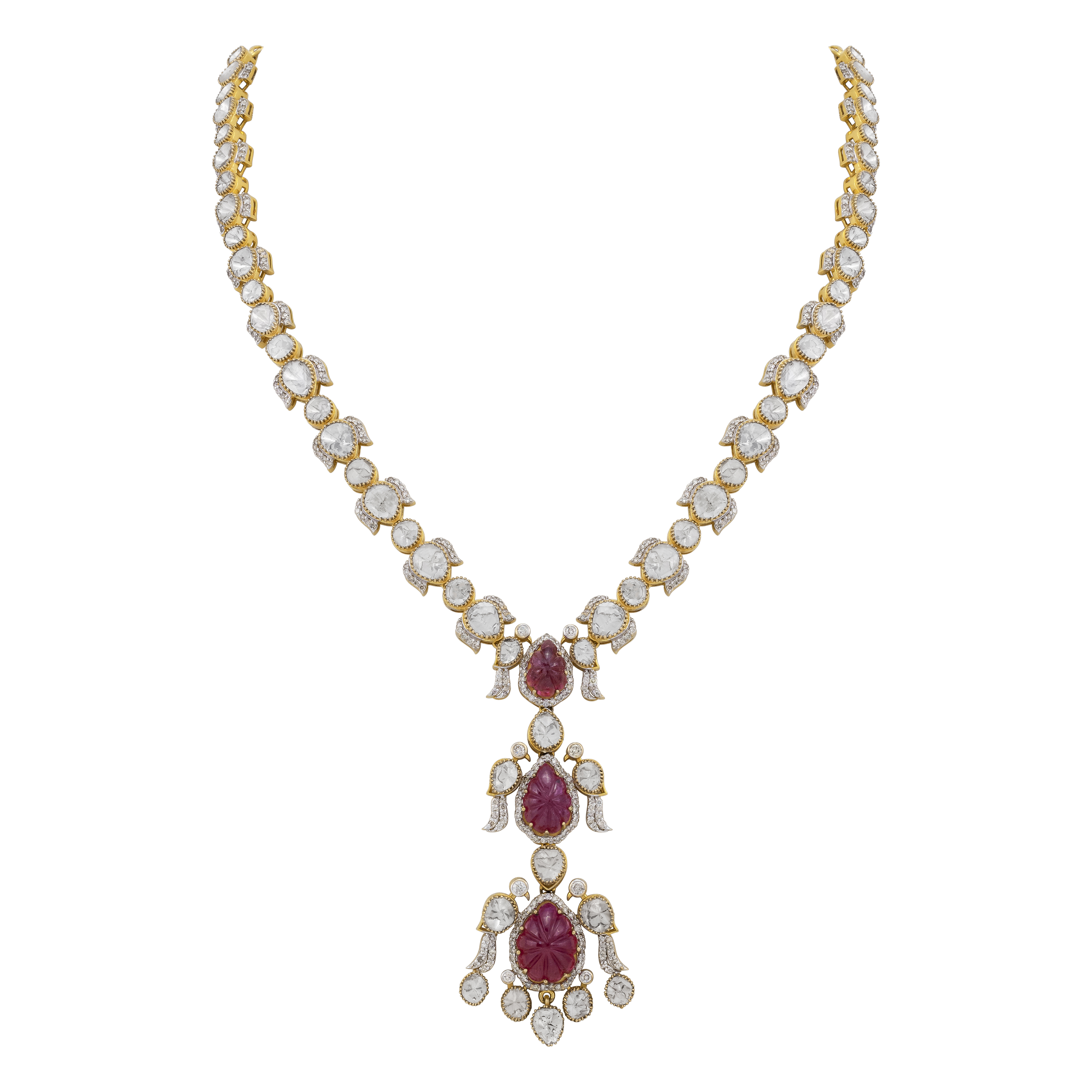 Carved Ruby Pendant Necklace with Polki Diamonds