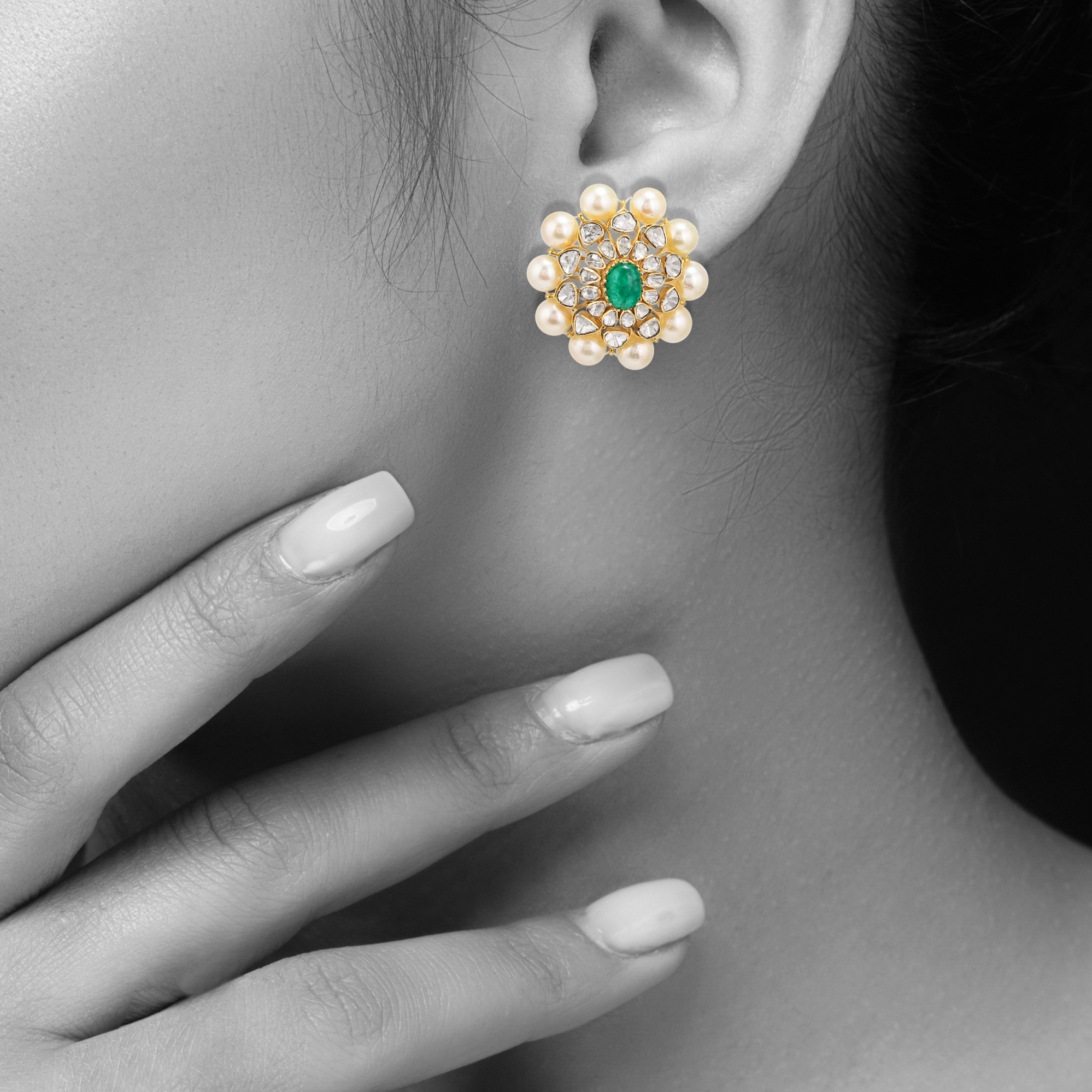 Emerald-Centred Polki Studs with Pearl Border