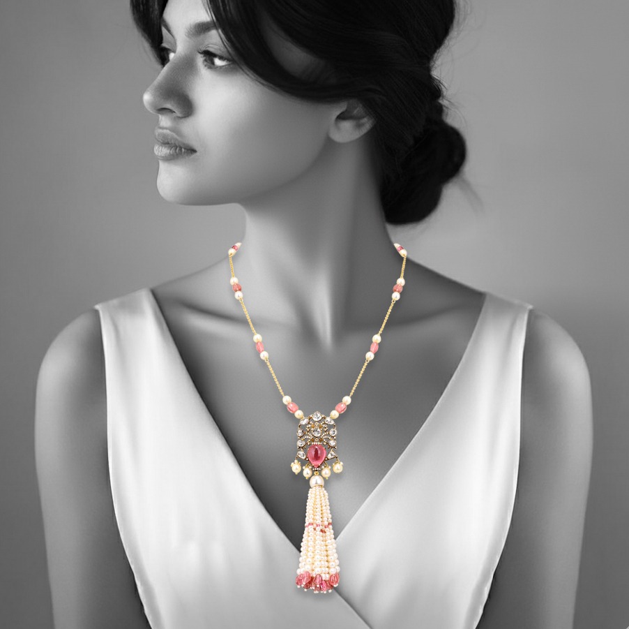 Tourmaline Pendant Necklace with Pearl Tassel and Polkis