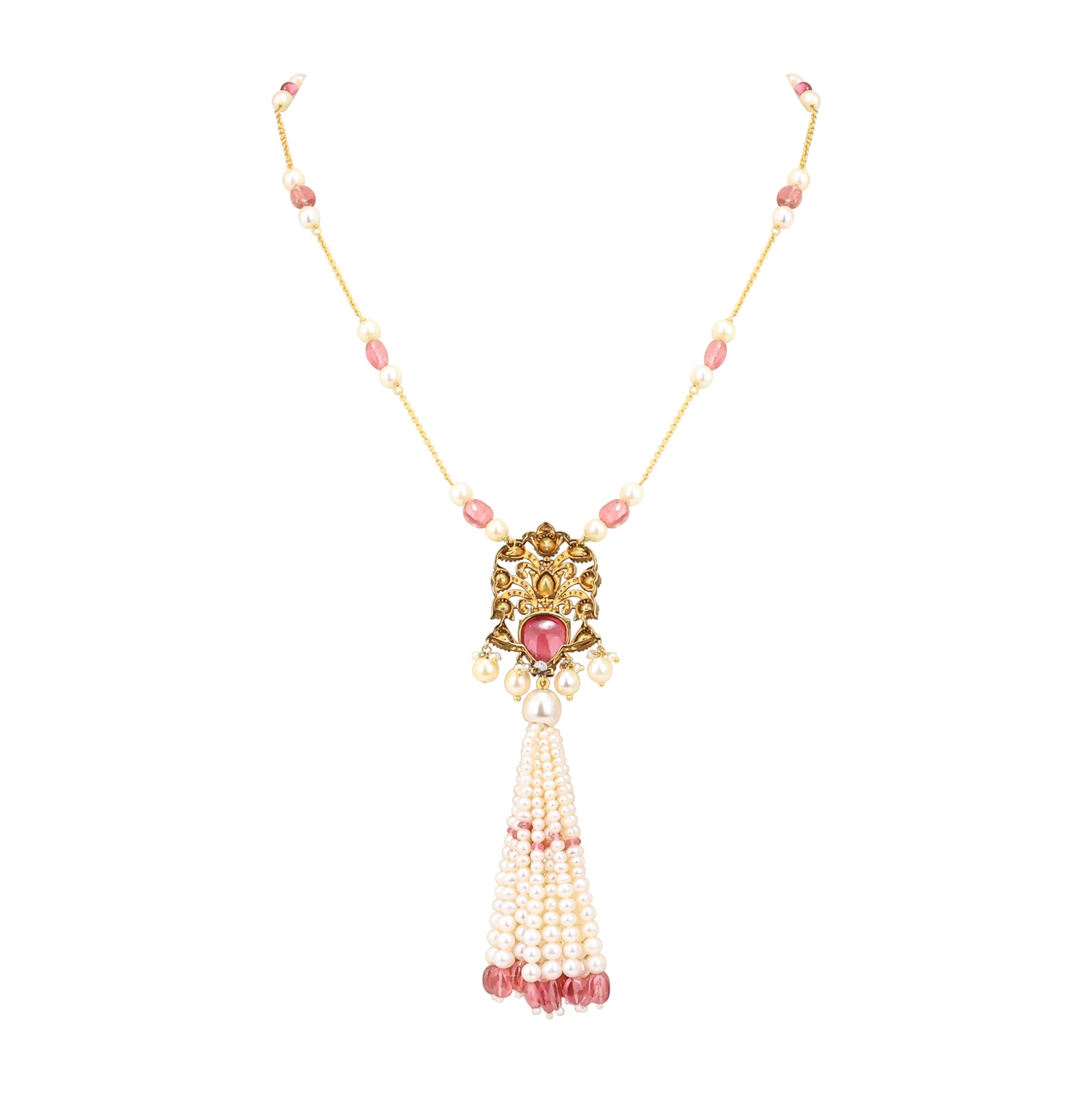 Tourmaline Pendant Necklace with Pearl Tassel and Polkis