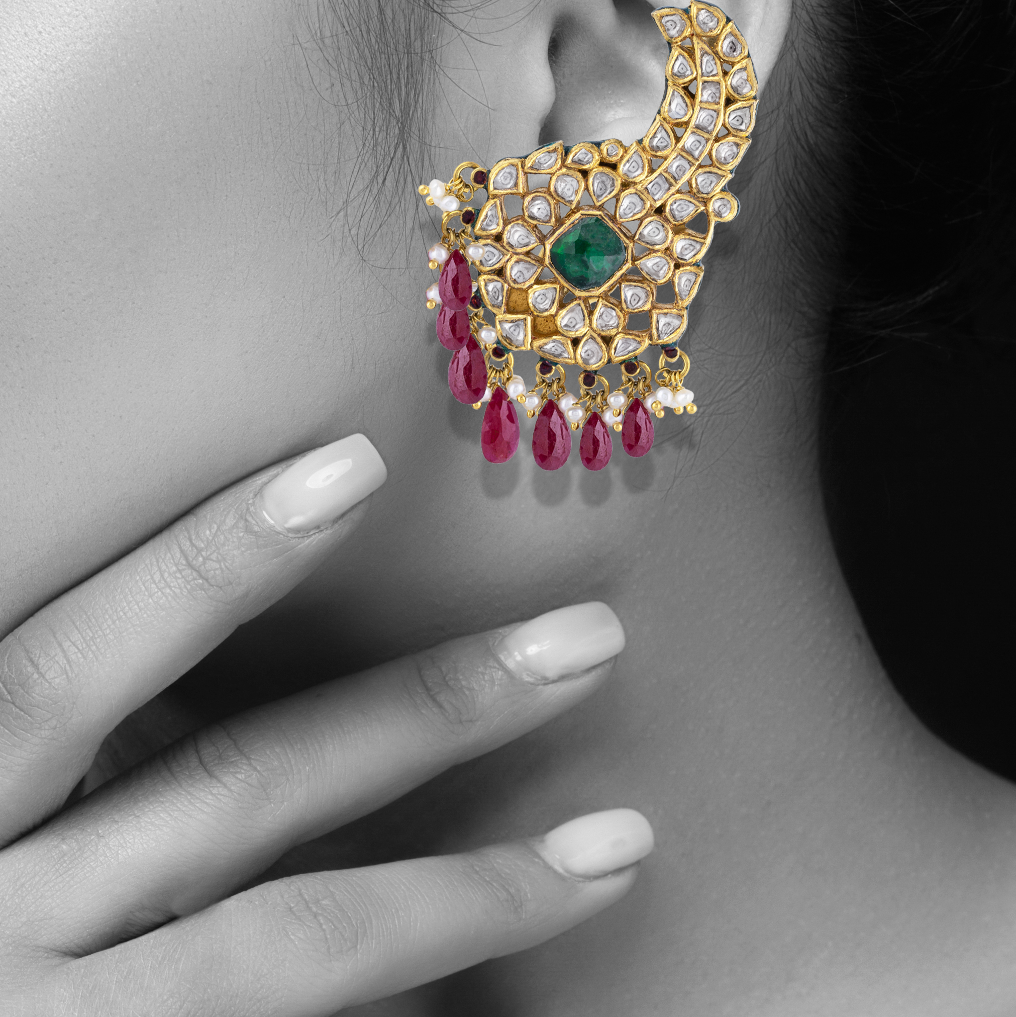 Emerald-Centered Cuff Earring with Uncut Diamond Polki & Pink Drops
