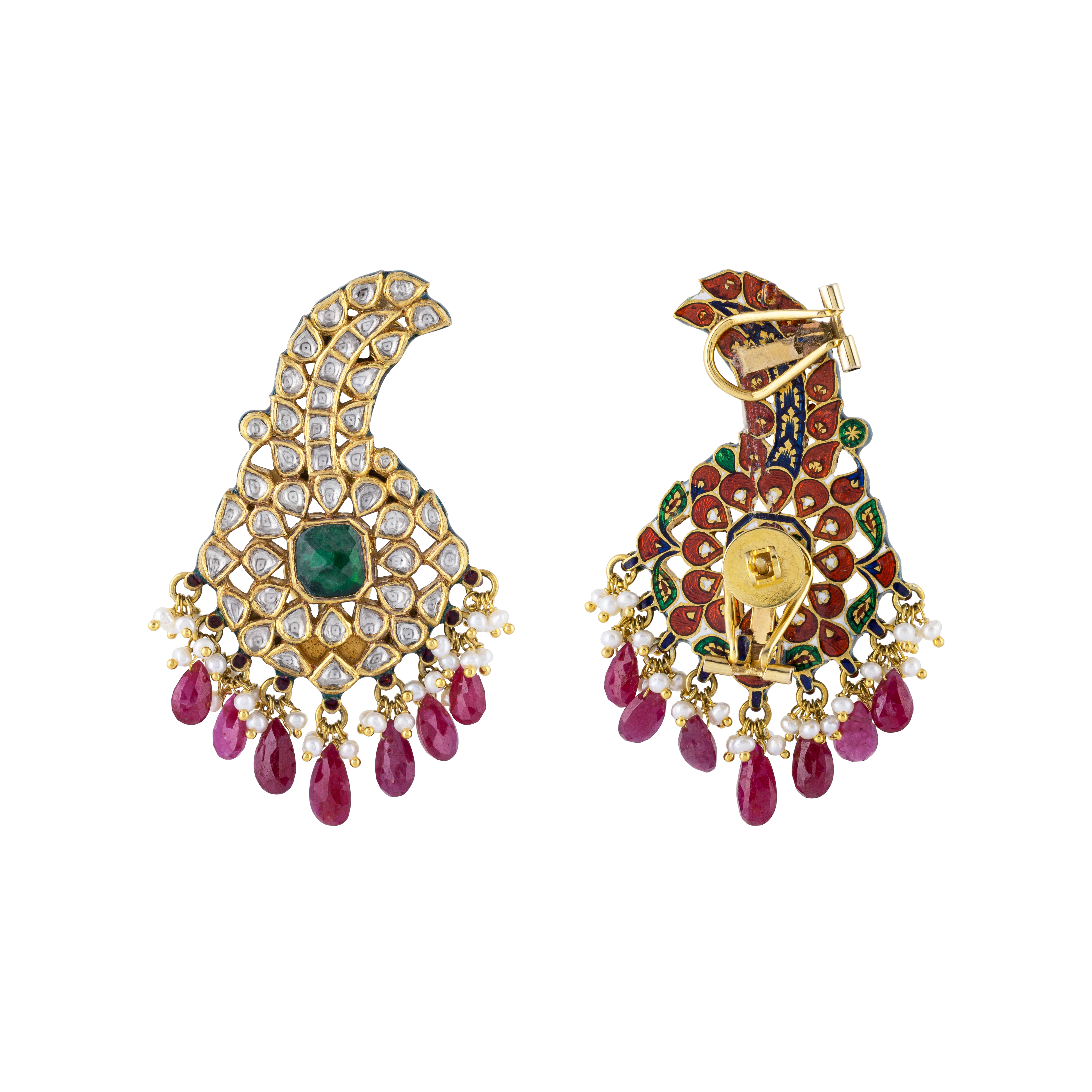 Emerald-Centered Cuff Earring with Uncut Diamond Polki & Pink Drops
