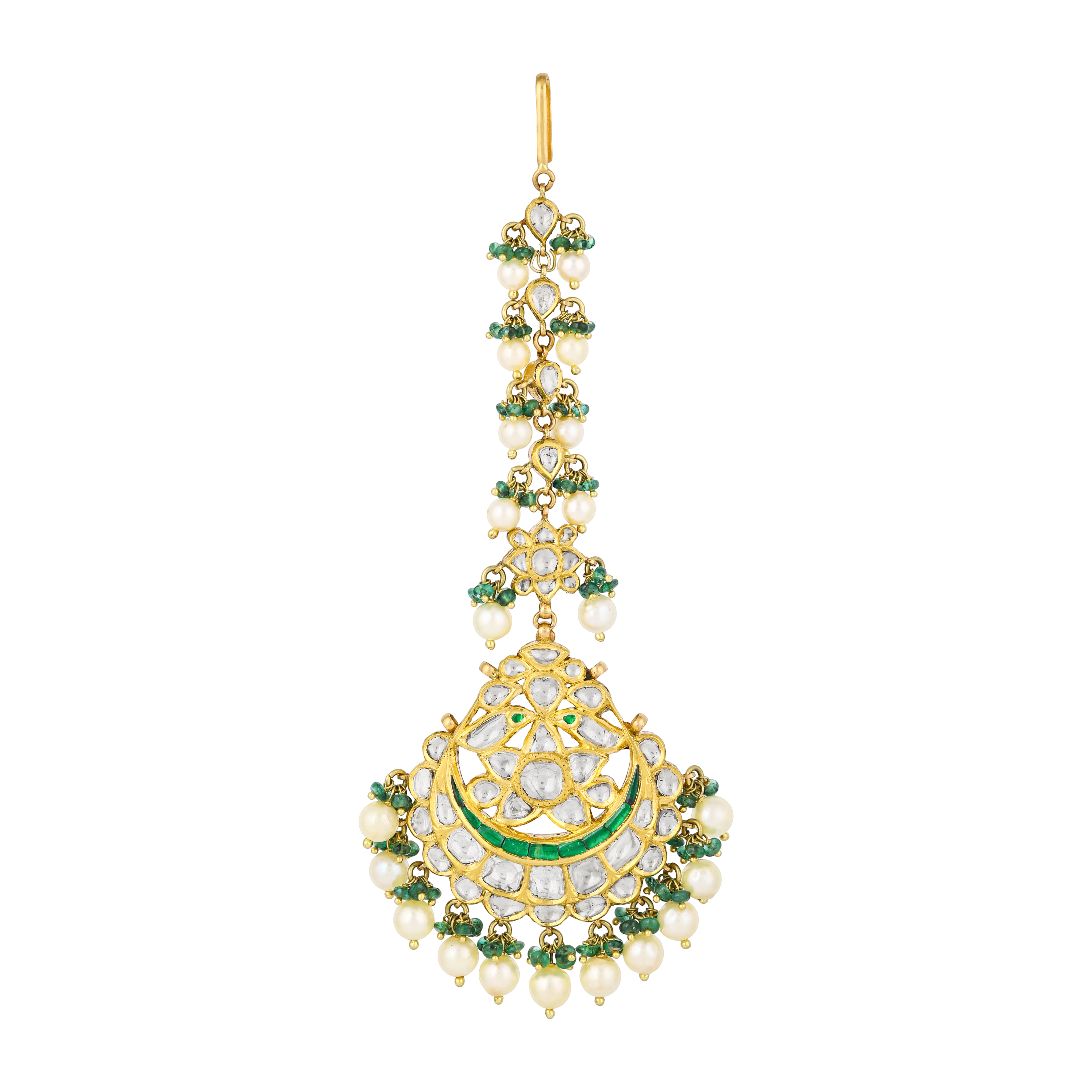 Polki Maangtikka with Green Enamel, Emeralds & Pearls